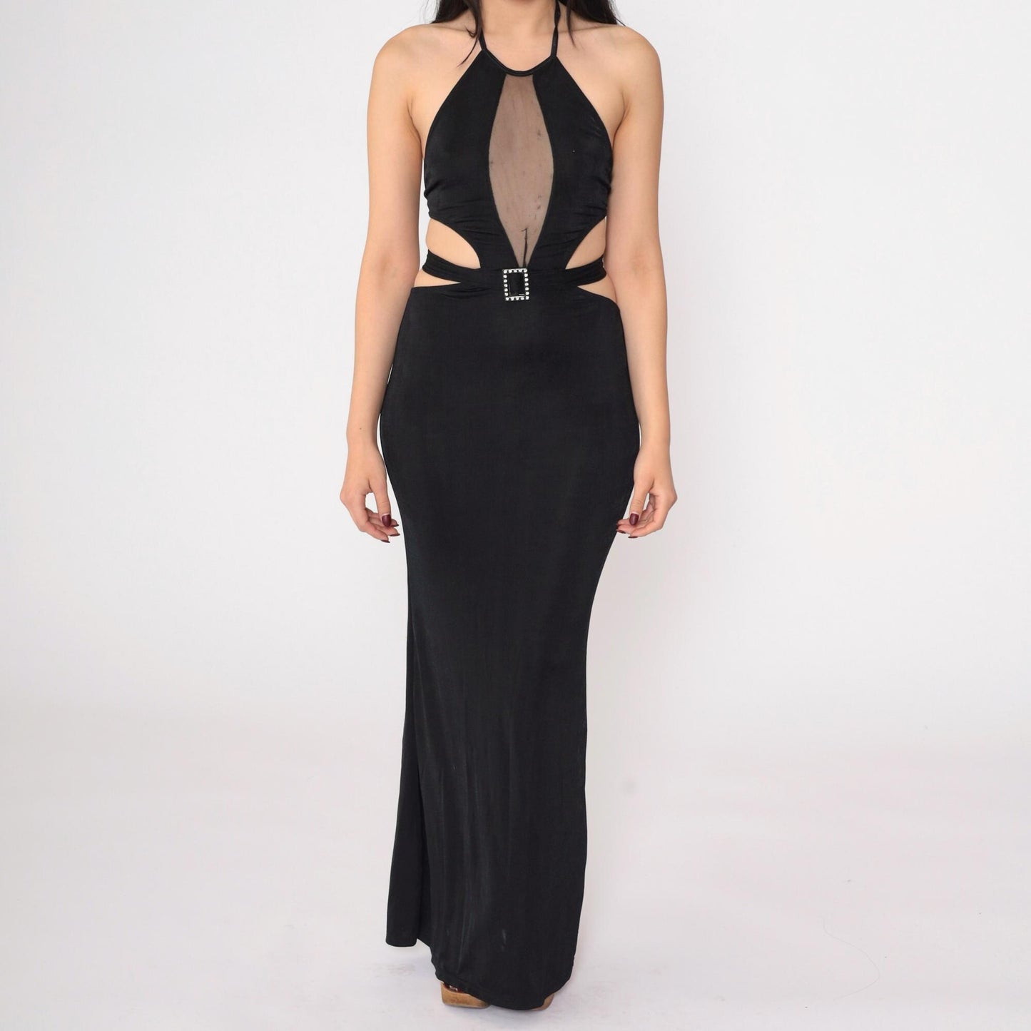 90s Black Halter Maxi Dress Mesh Cutout Open Back Evening Small