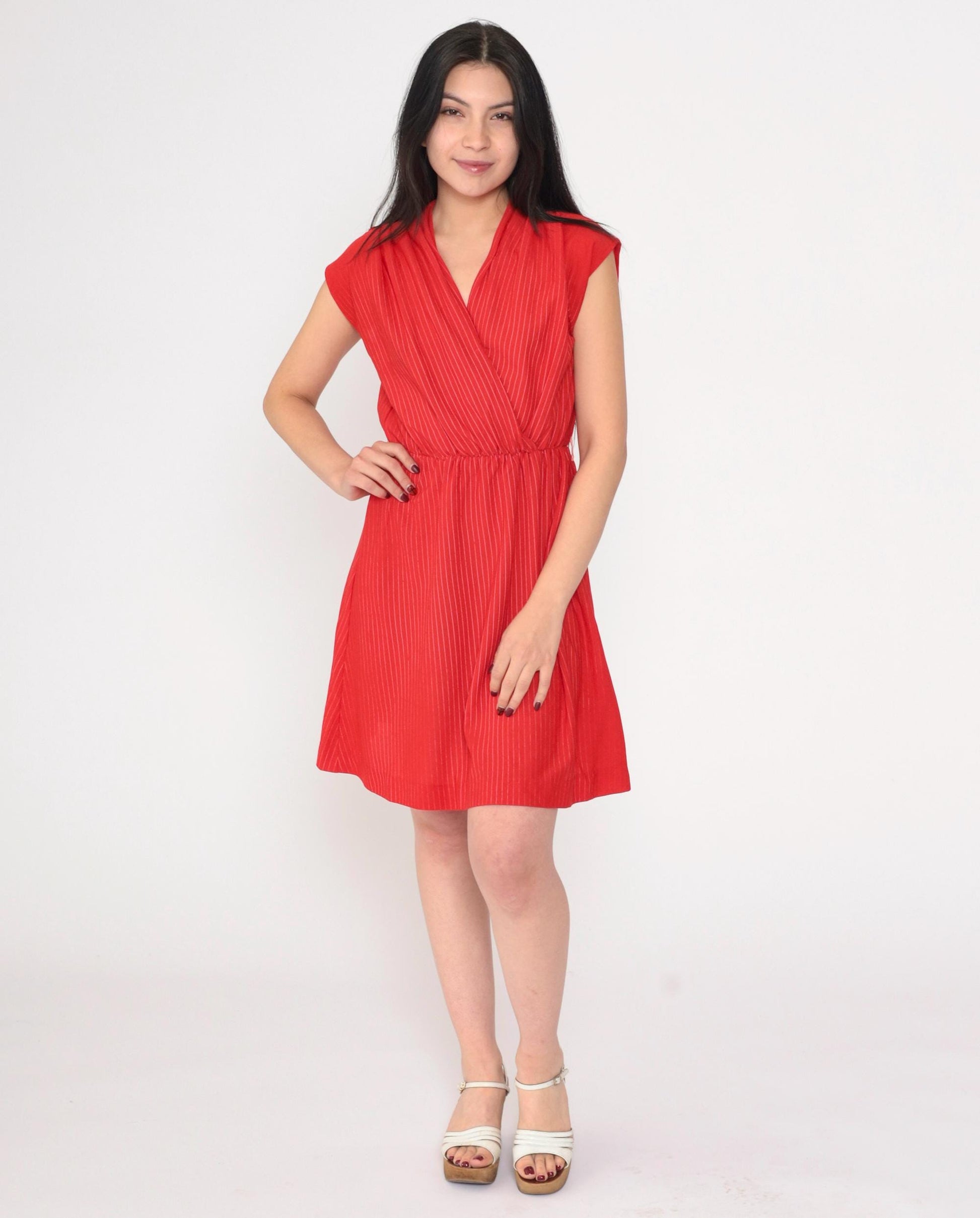 70s Red Striped Wrap Dress V Neck Mini Elastic Waist Cap Sleeve Small