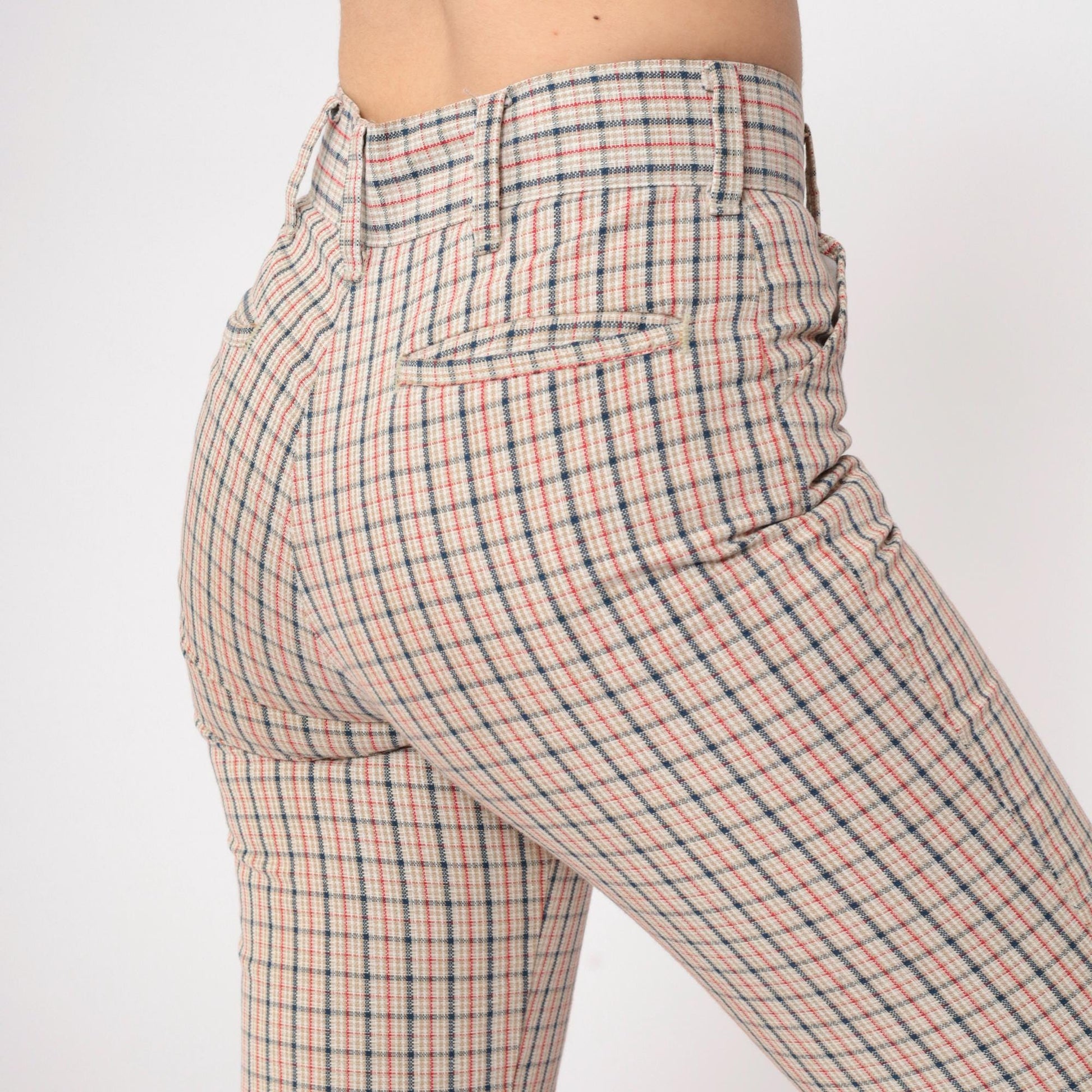 70s Plaid High-Waisted Flared Trousers Beige Red Navy Checkered Small