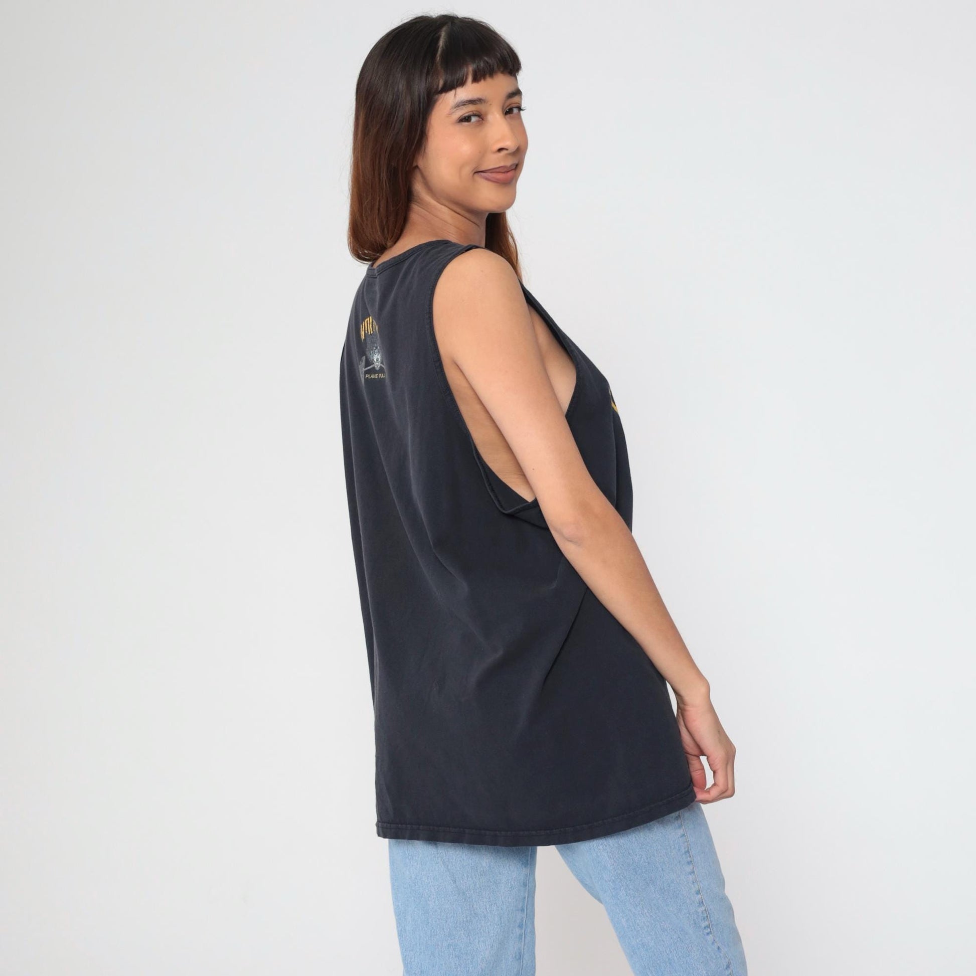 90s Wolfpack Plane Pull Wolf Graphic Tank Top Black Distressed XXL