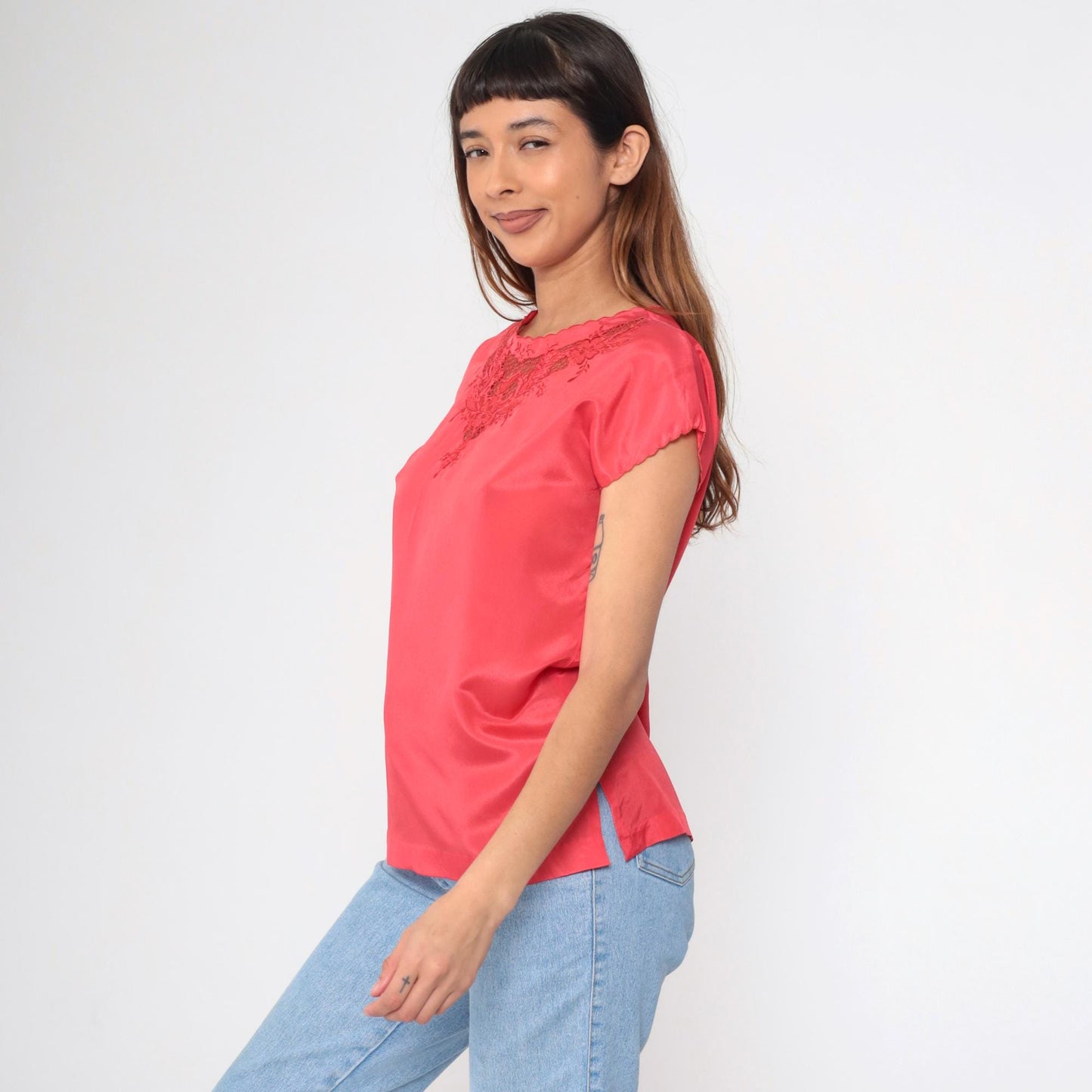 90s Coral Satin Blouse Floral Embroidered Cutwork Short Sleeve Medium