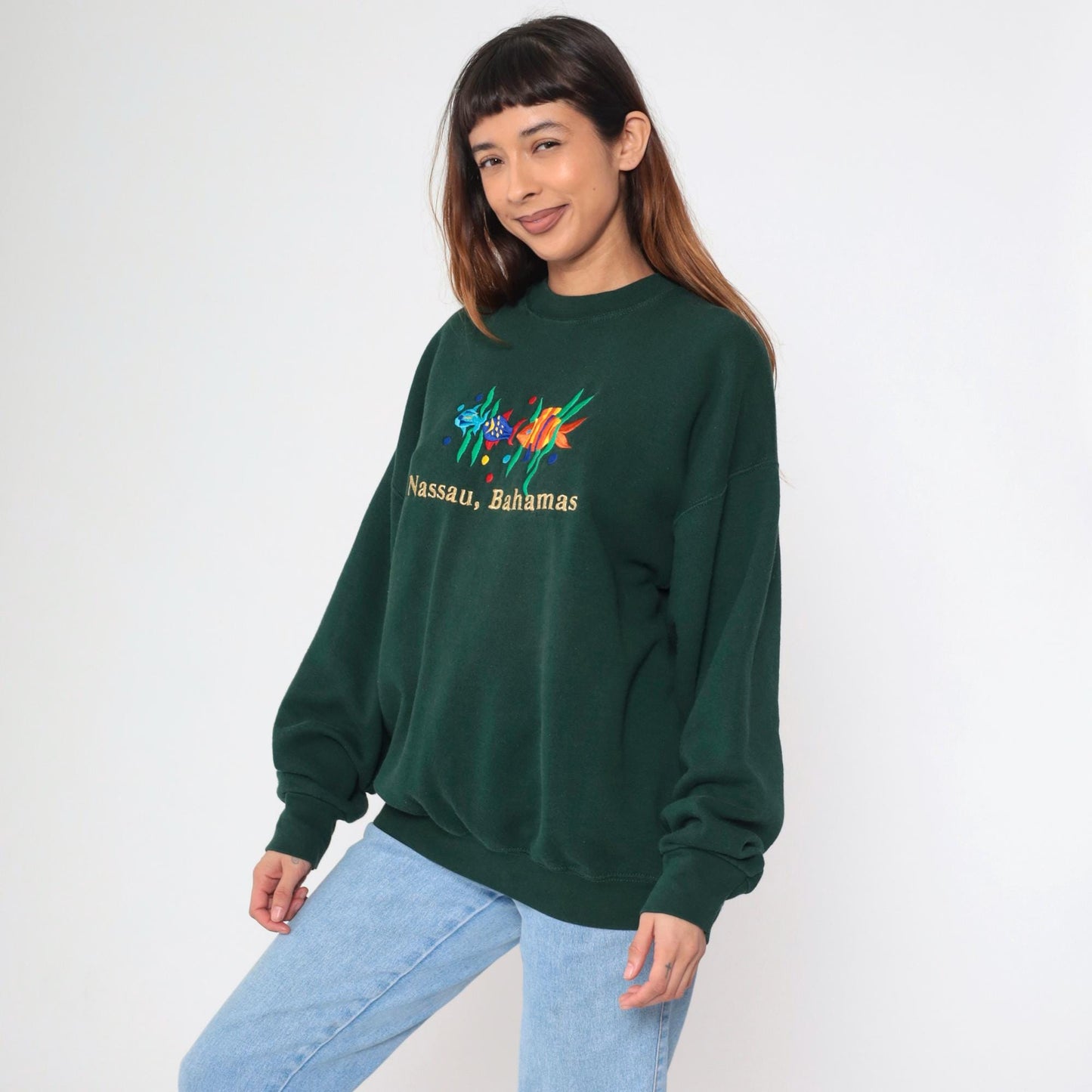 90s Nassau Bahamas Sweatshirt Dark Green Embroidered Fish Crewneck Extra Large XL