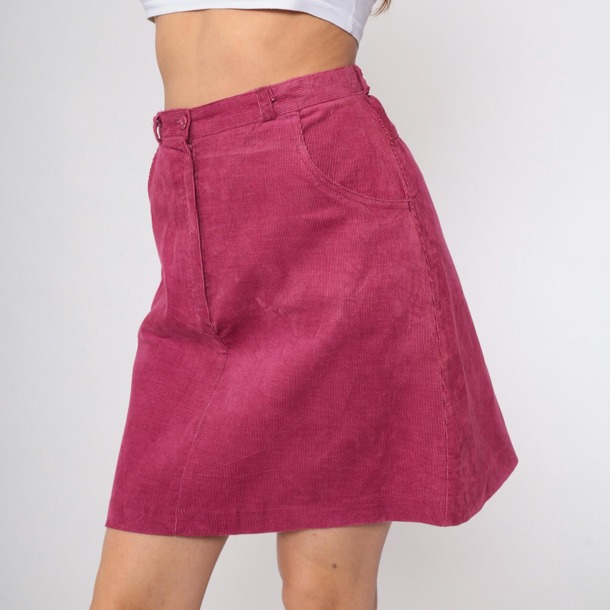 80s Corduroy Mini Skirt High Waist A-Line Pink Medium