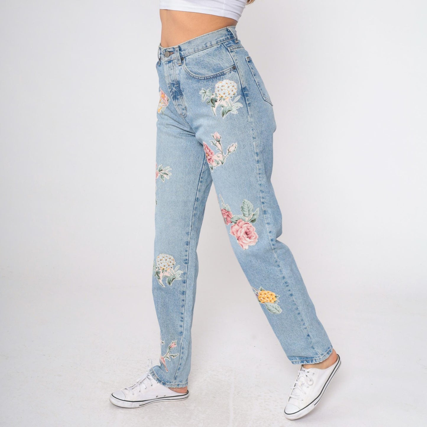 90s Floral Appliqué Light Wash Jeans High Waist Tapered Denim Small Long