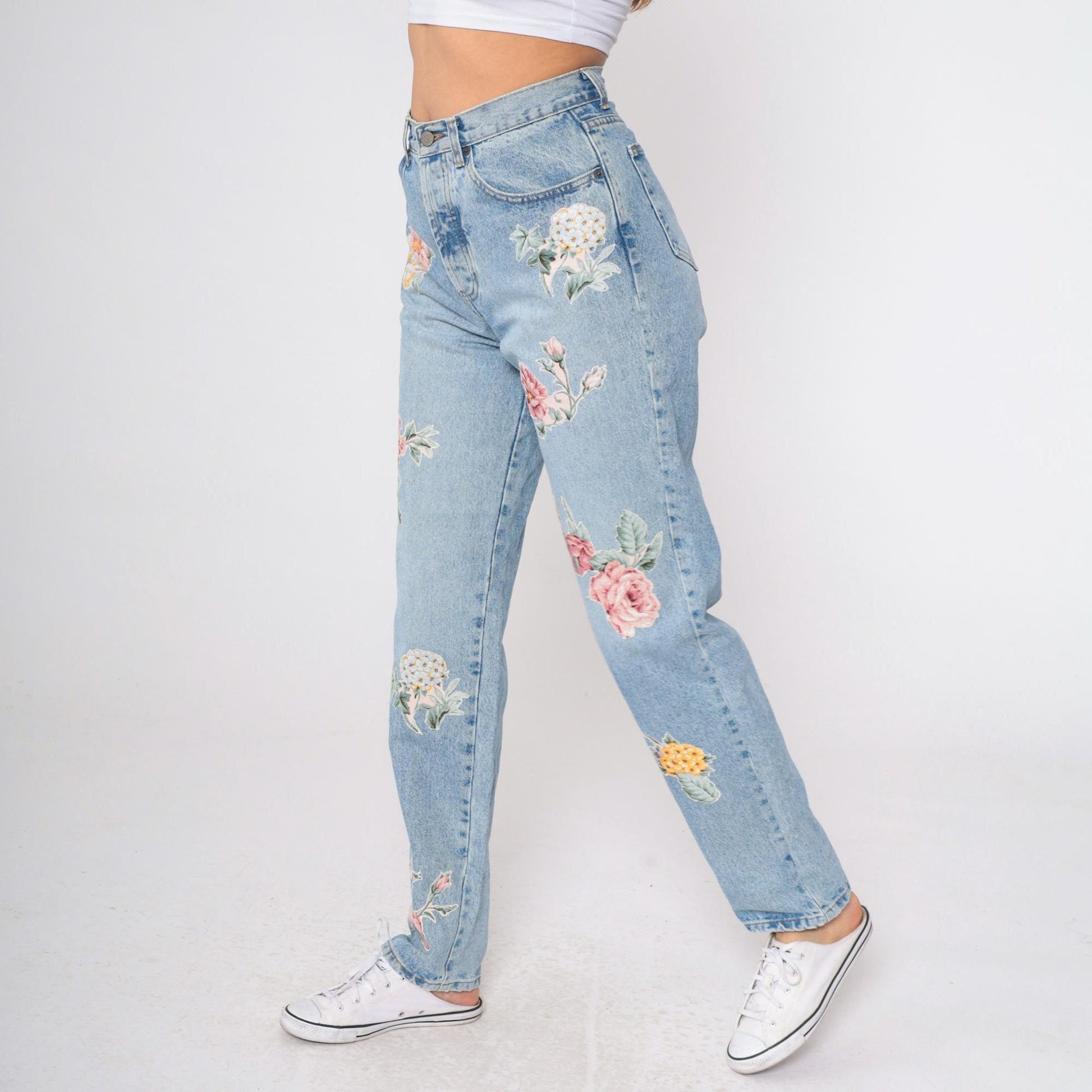 90s Floral Appliqué Light Wash Jeans High Waist Tapered Denim Small Long