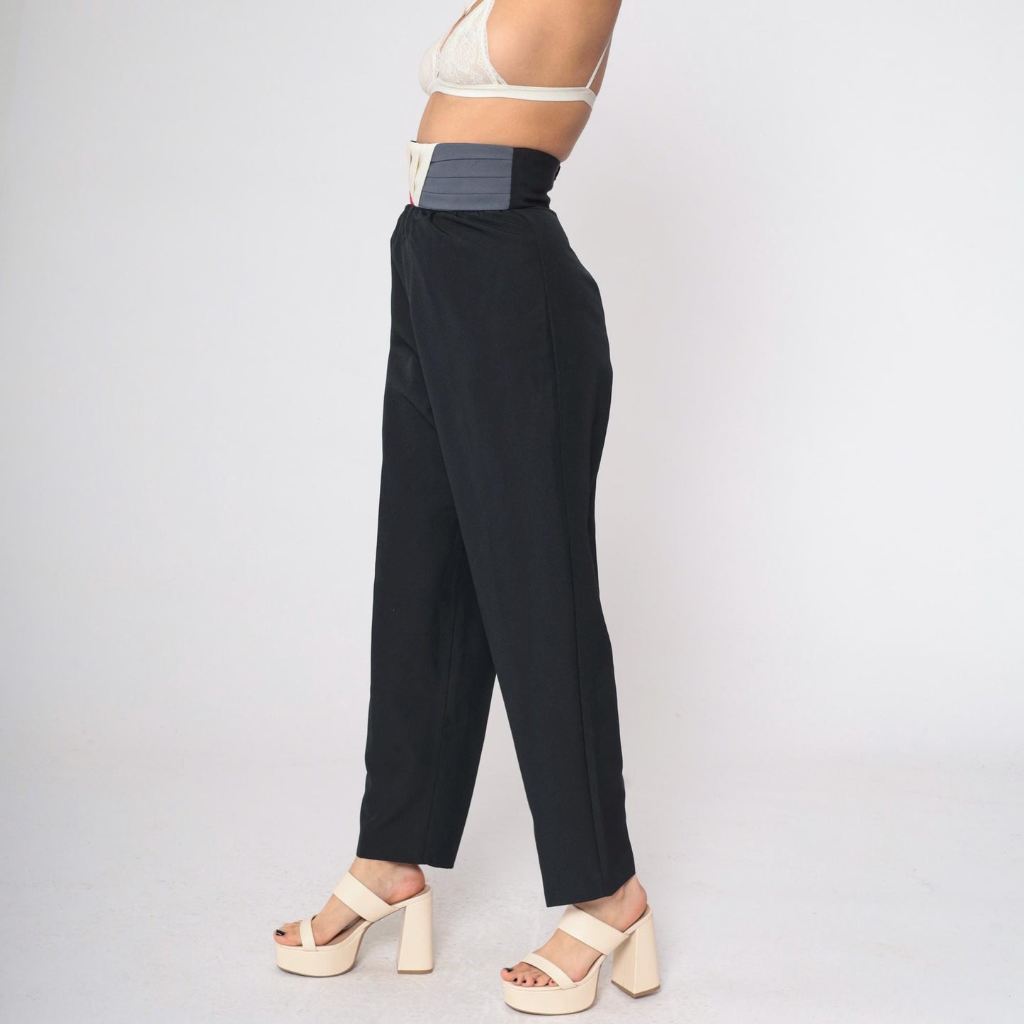 80s Black Tapered Trousers High Waist Colour Block Waistband Size 9