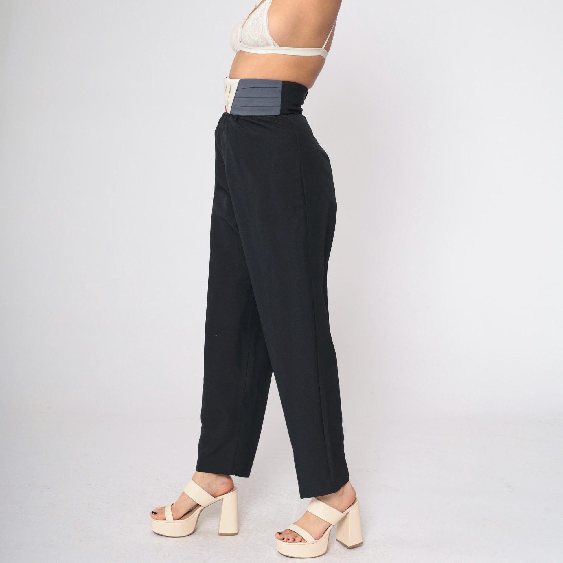 80s Black Tapered Trousers High Waist Colour Block Waistband Size 9