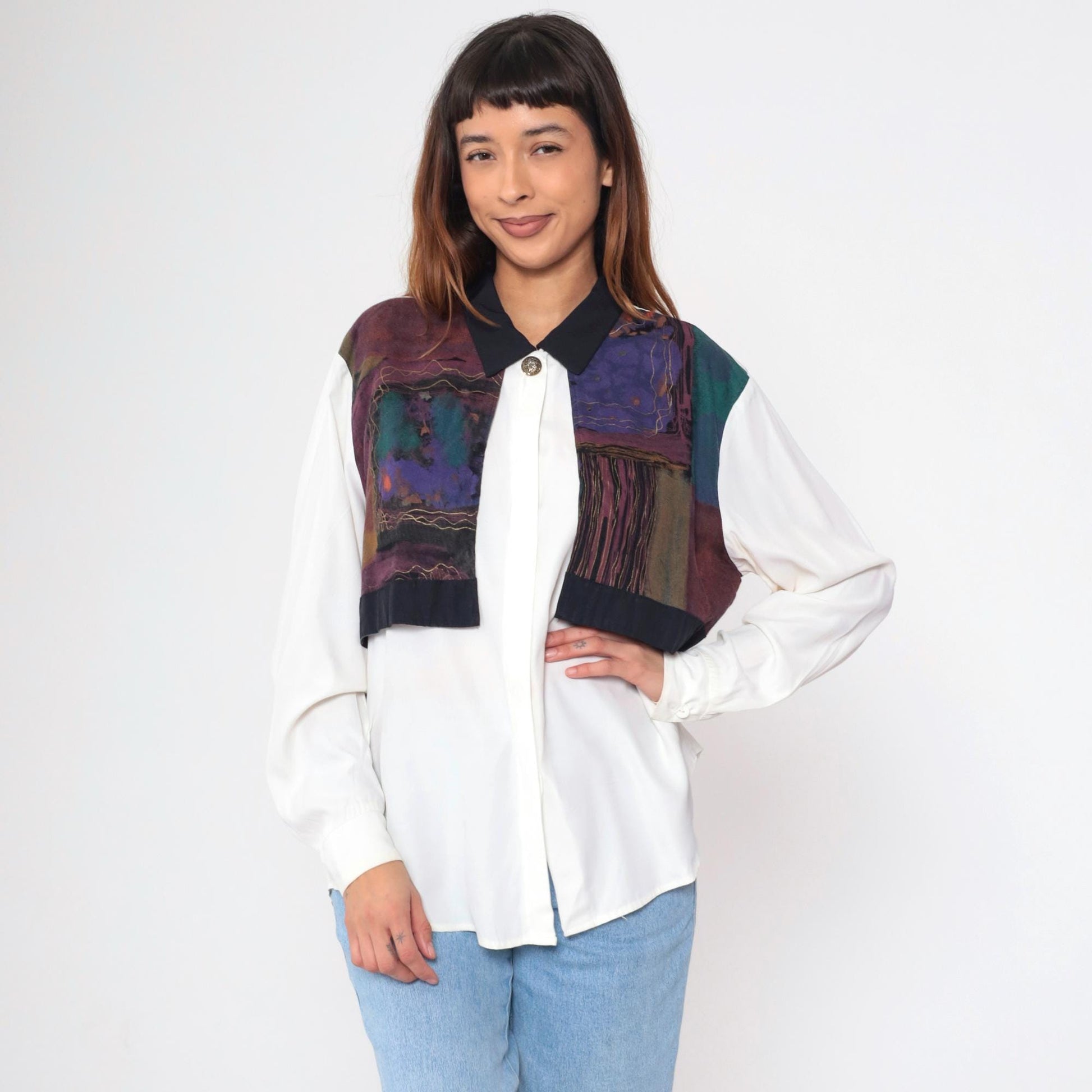 90s Trés Paquette Geometric Gold Metallic Button Up Blouse Large L