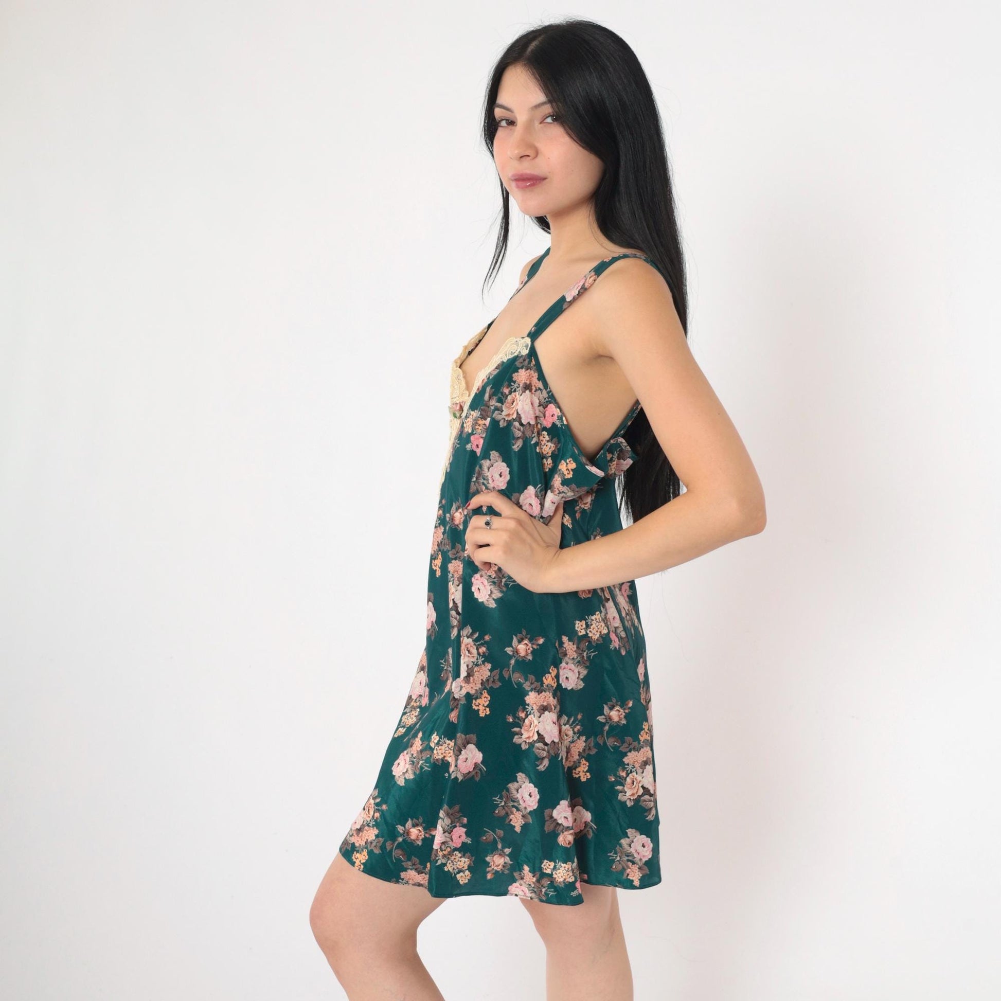 90s Green Floral Satin Slip Dress Pink Rosette Lace Trim Mini V-Neck Medium