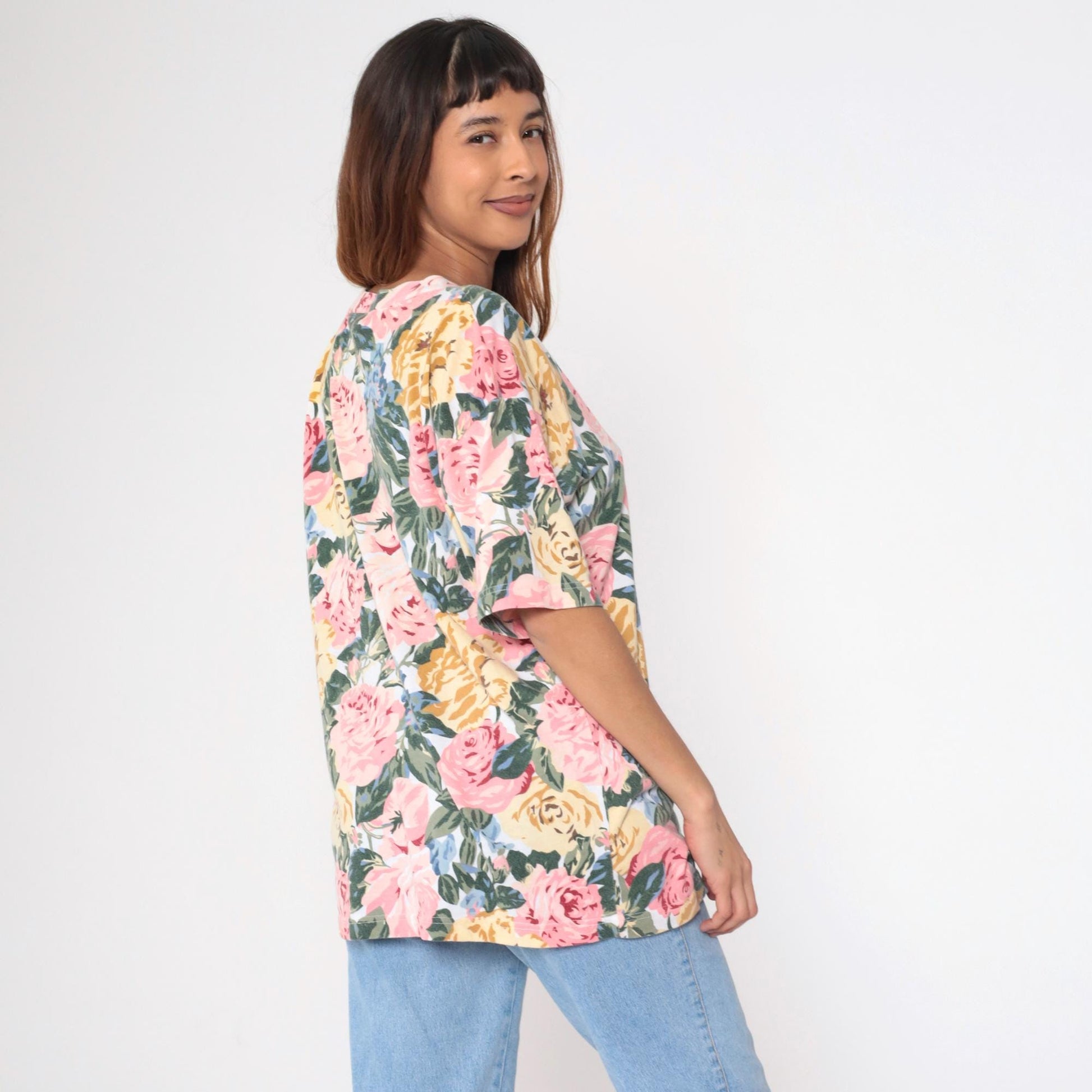90s Express Tricot Floral T-Shirt Pink Rose Yellow Blue V-Neck Large L