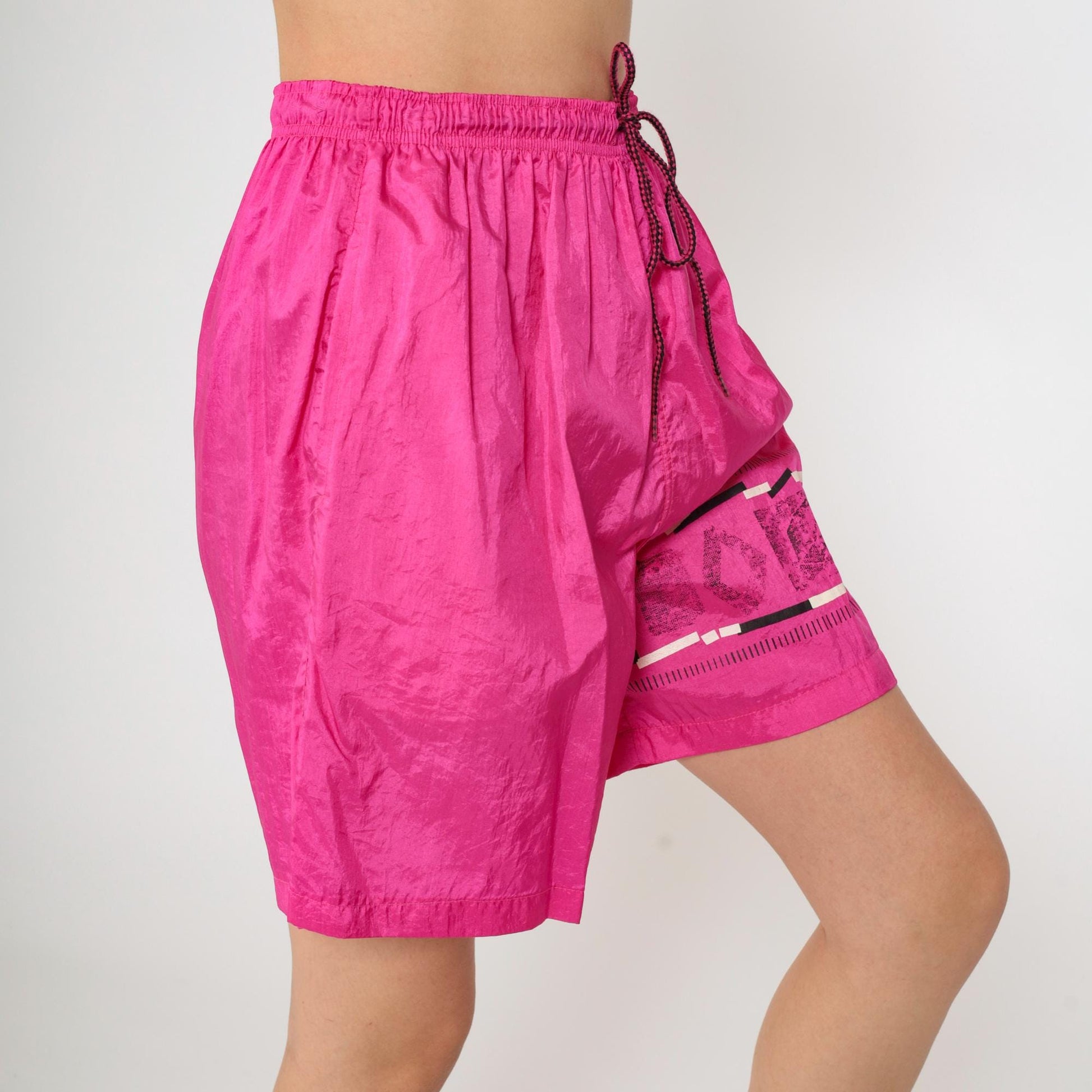 90s Hot Pink Nylon Athletic Shorts Drawstring Unlined Medium M