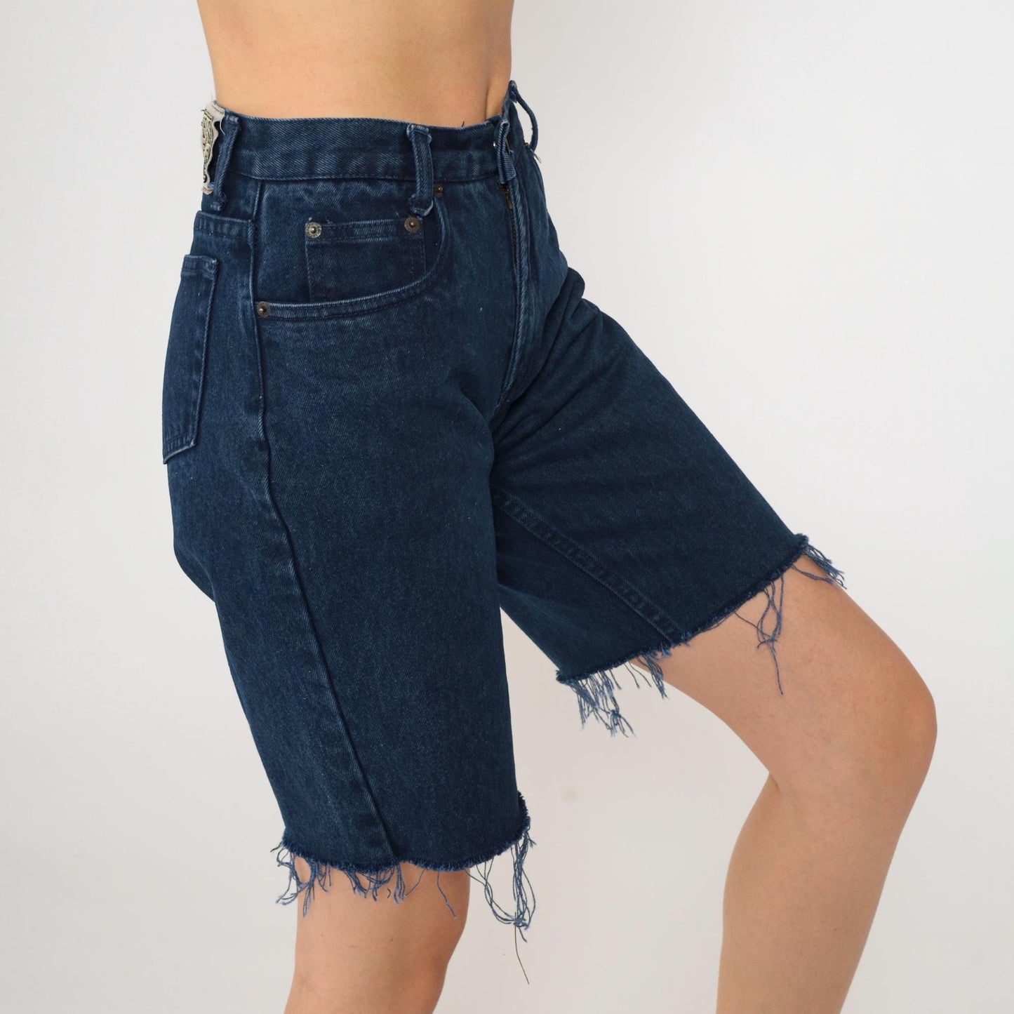 90s Dark Blue Denim Cut-Off Shorts High Waisted Bermuda Frayed Hem Extra Small