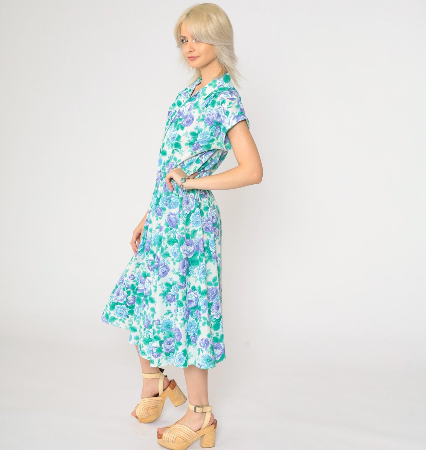 80s Floral Midi Dress Purple Rose Print High Waist Button Up Cap Sleeve Medium