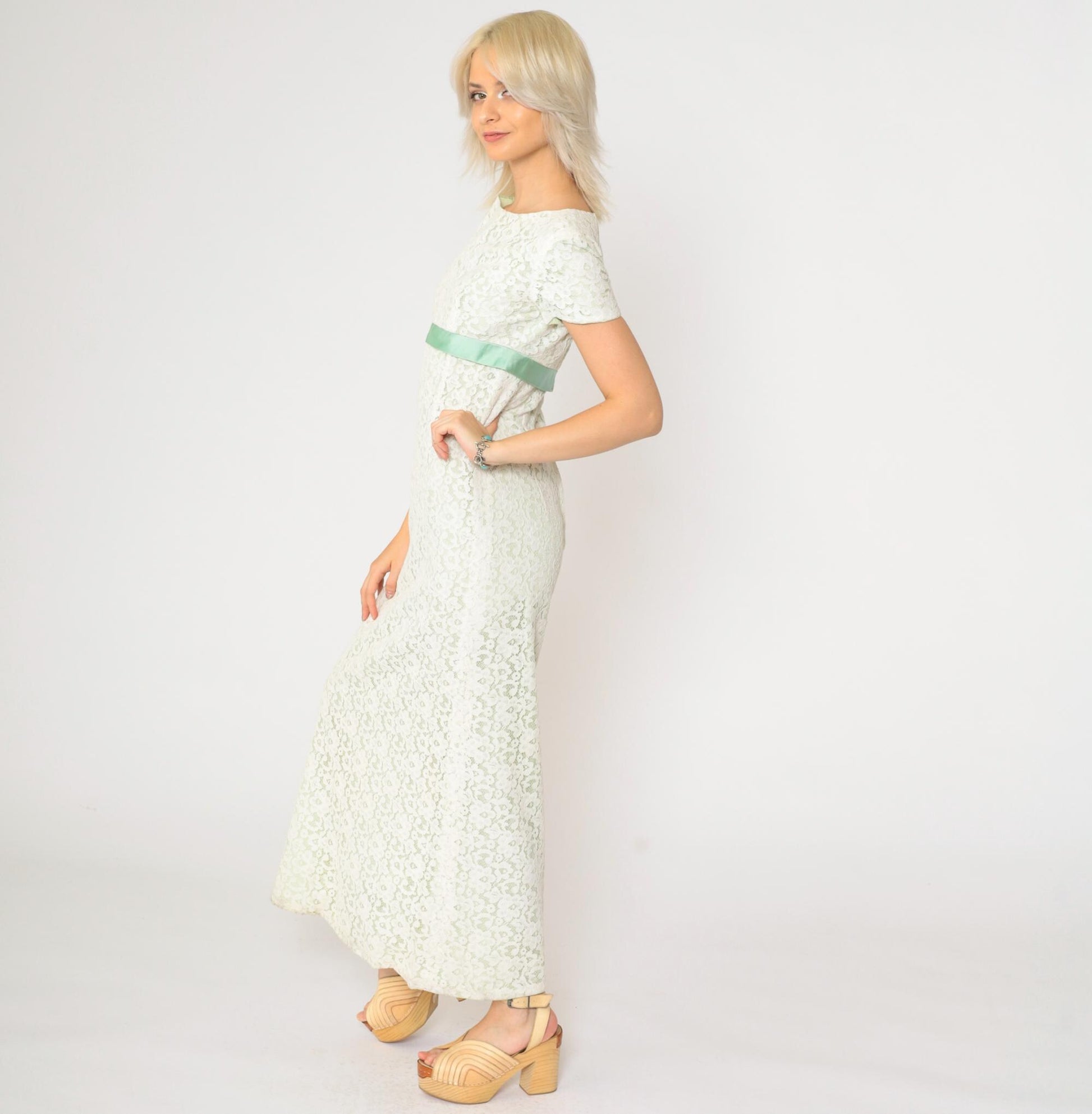 60s White Lace Maxi Dress Empire Waist Green Ribbon Short Sleeve Extra Small XS