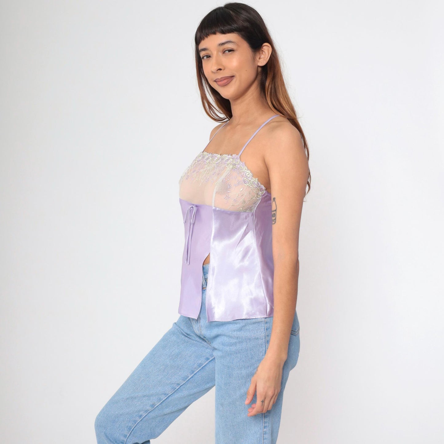90s Lavender Satin Camisole Floral Embroidered Mesh Spaghetti Strap Medium