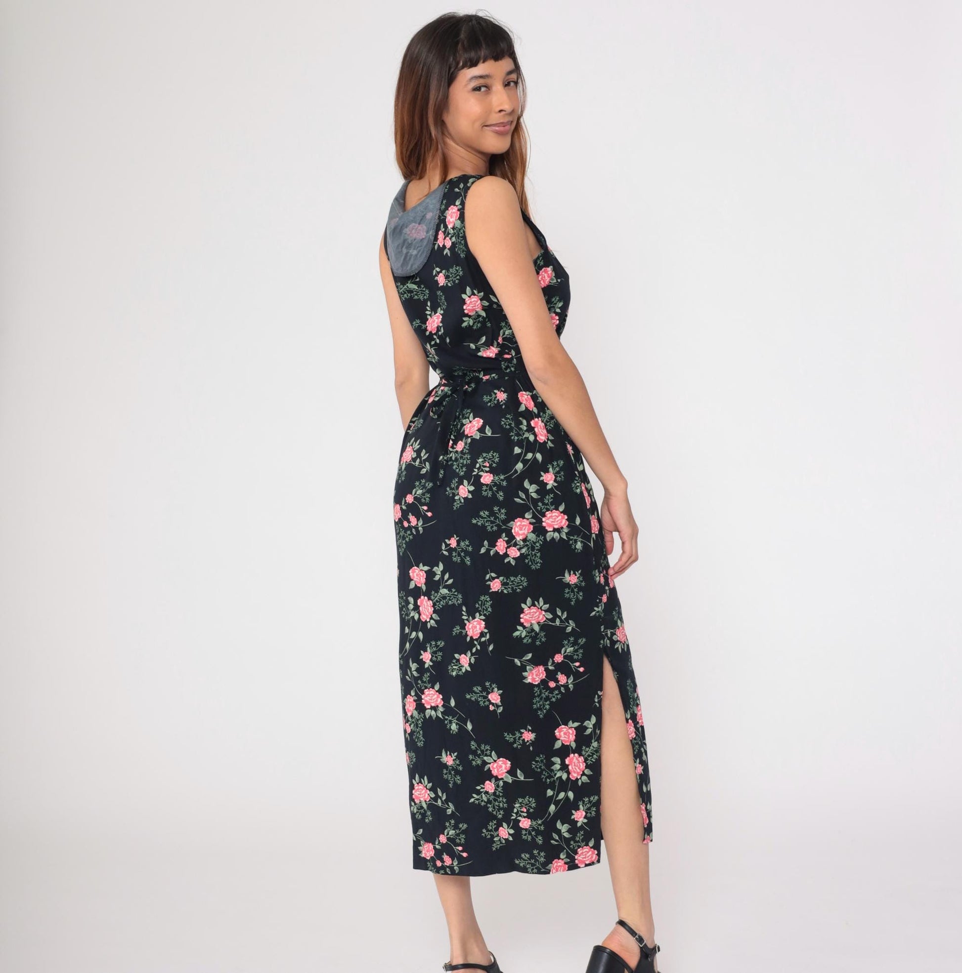 90s Kathie Lee Black Floral Midi Dress Pink Flower Print Sleeveless Medium