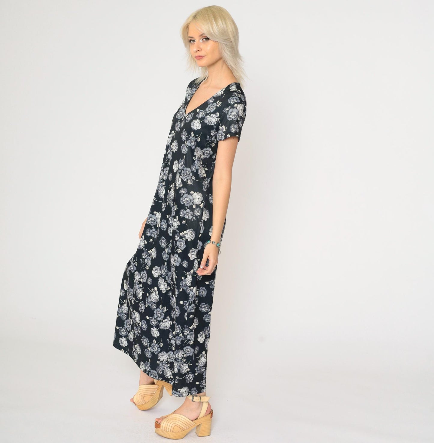 90s No Boundaries Black Floral Maxi Dress Rose Print V-Neck Short Sleeve Large L