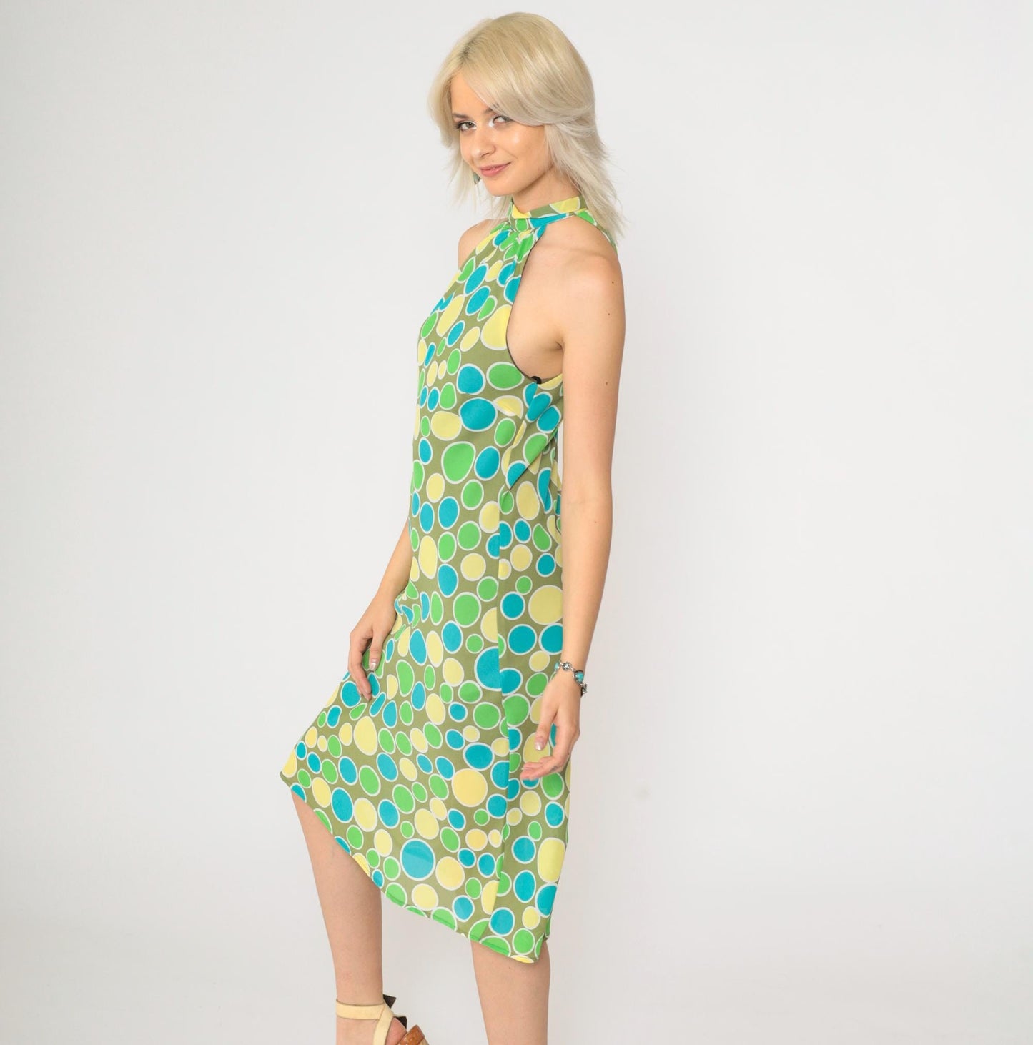 Y2K Halter Midi Dress Olive Green Polka Dot Sleeveless Keyhole Medium