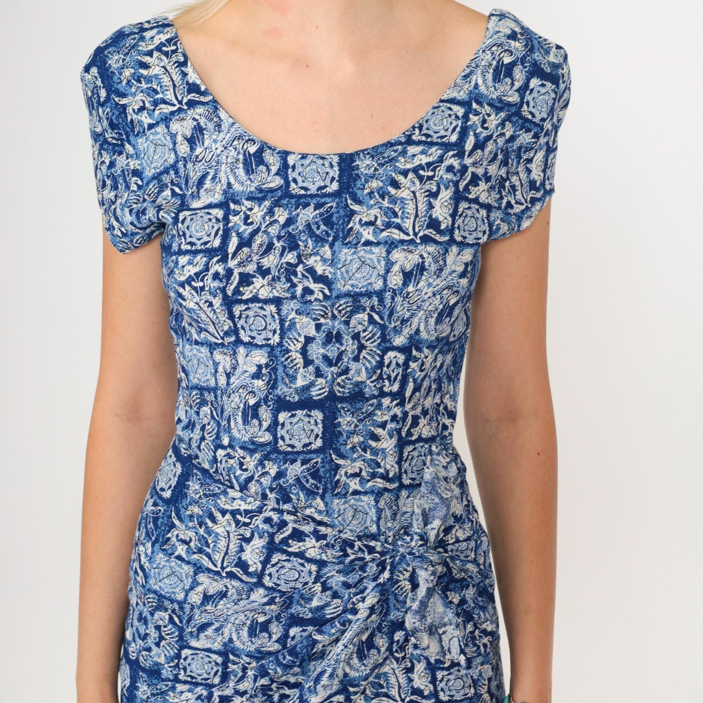 90s Floral Mini Dress Blue Abstract Butterfly Bird Print Wrap Tie Rayon Extra Small