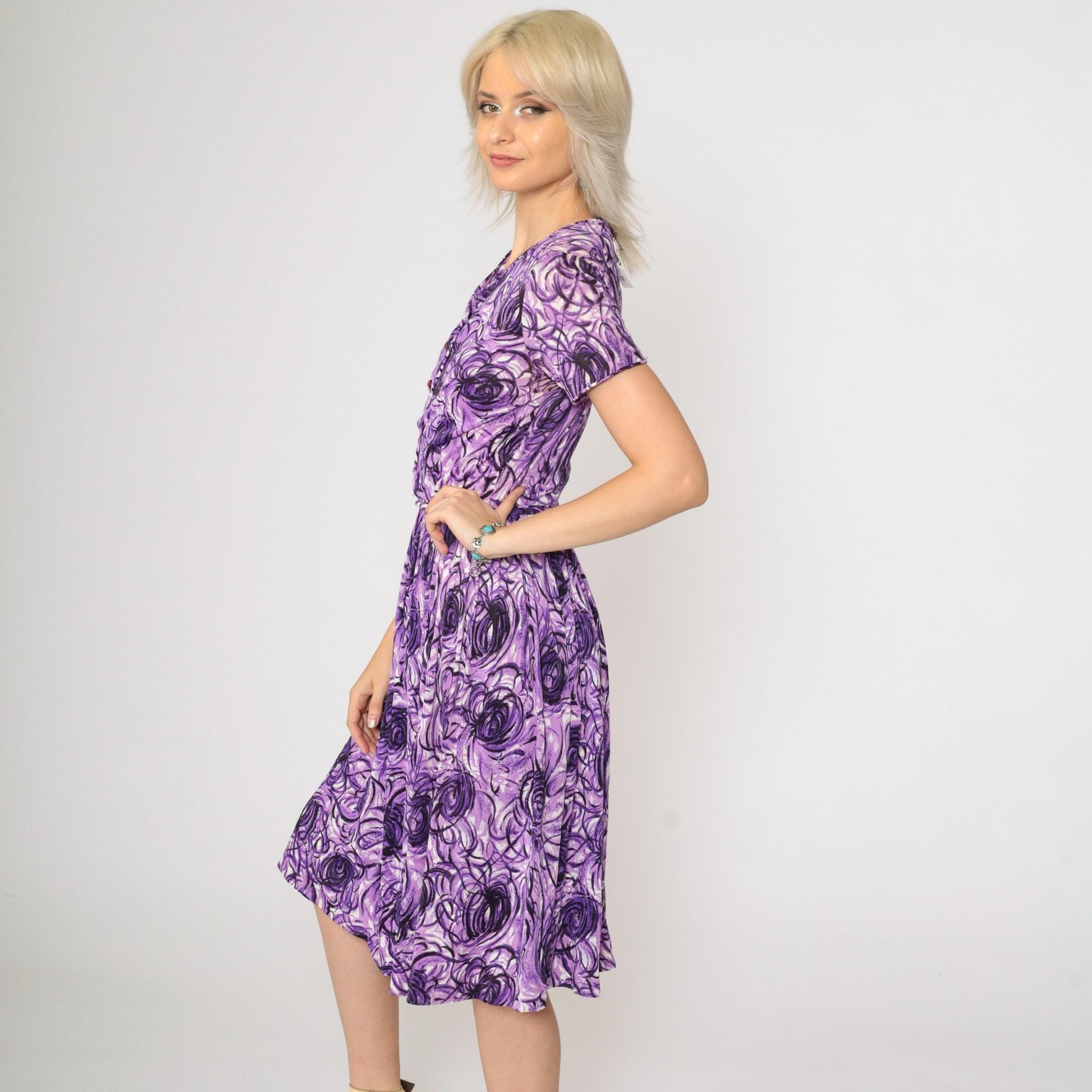 60s Purple Abstract Swirl Midi Shirtdress High Waist Button Up Extra Small