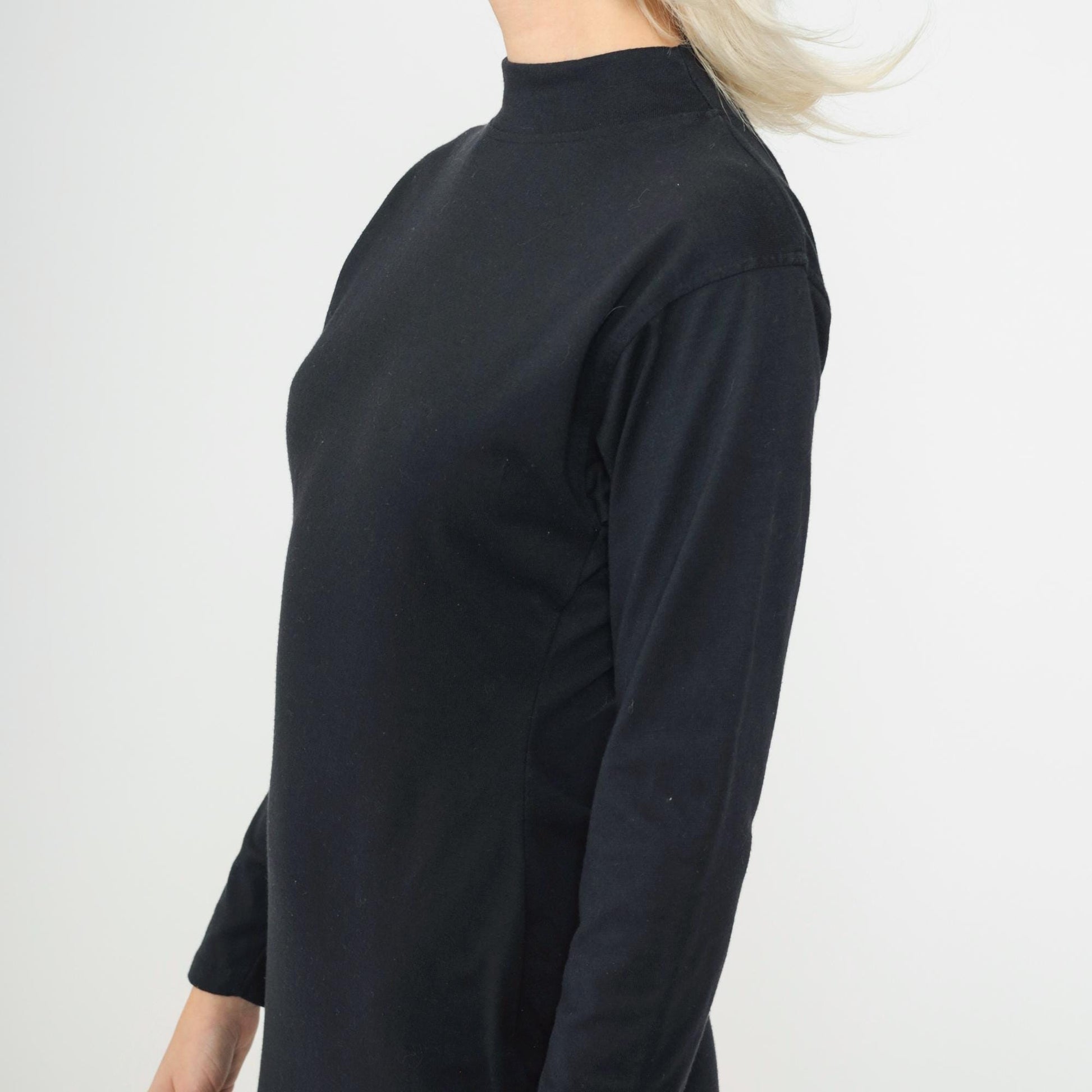 90s Gitano Black Mini Bodycon Dress Mock Neck Long Sleeve Small