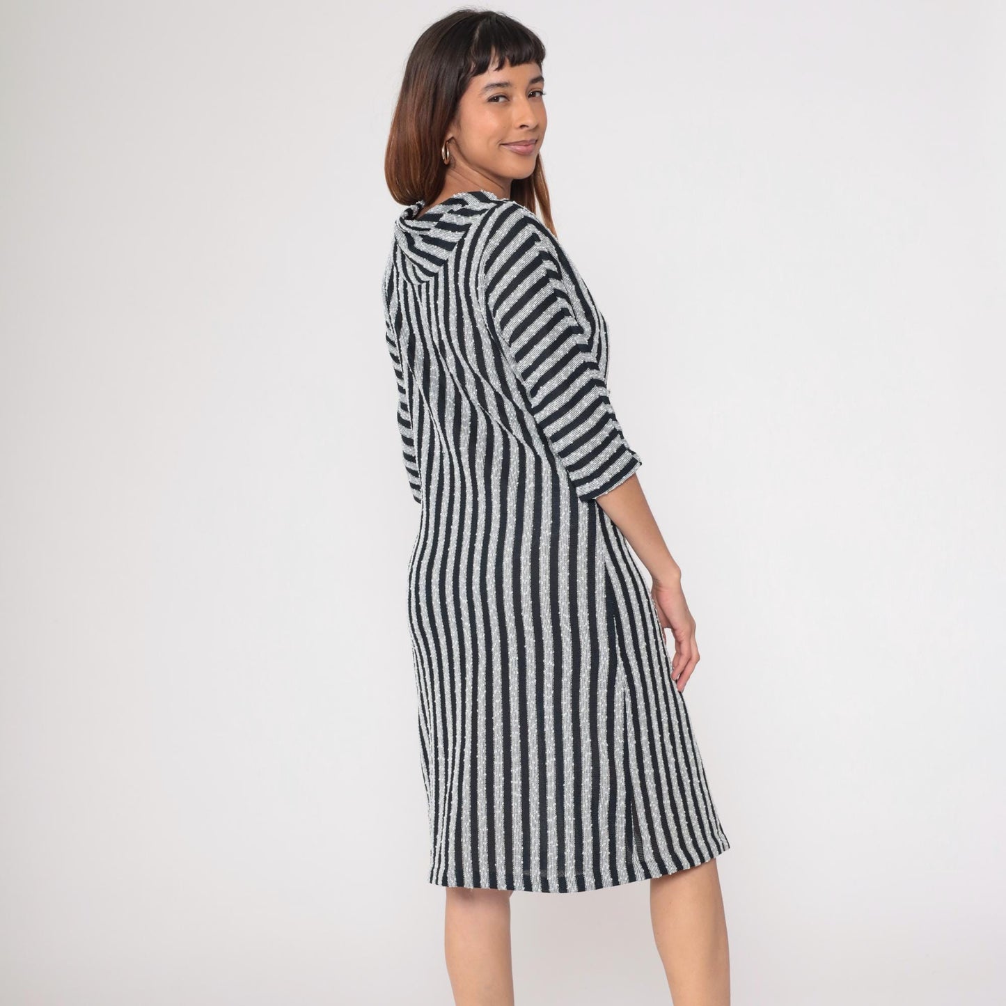 90s Black White Striped Knit Midi Shirtdress Dolman Sleeve V Neck Medium