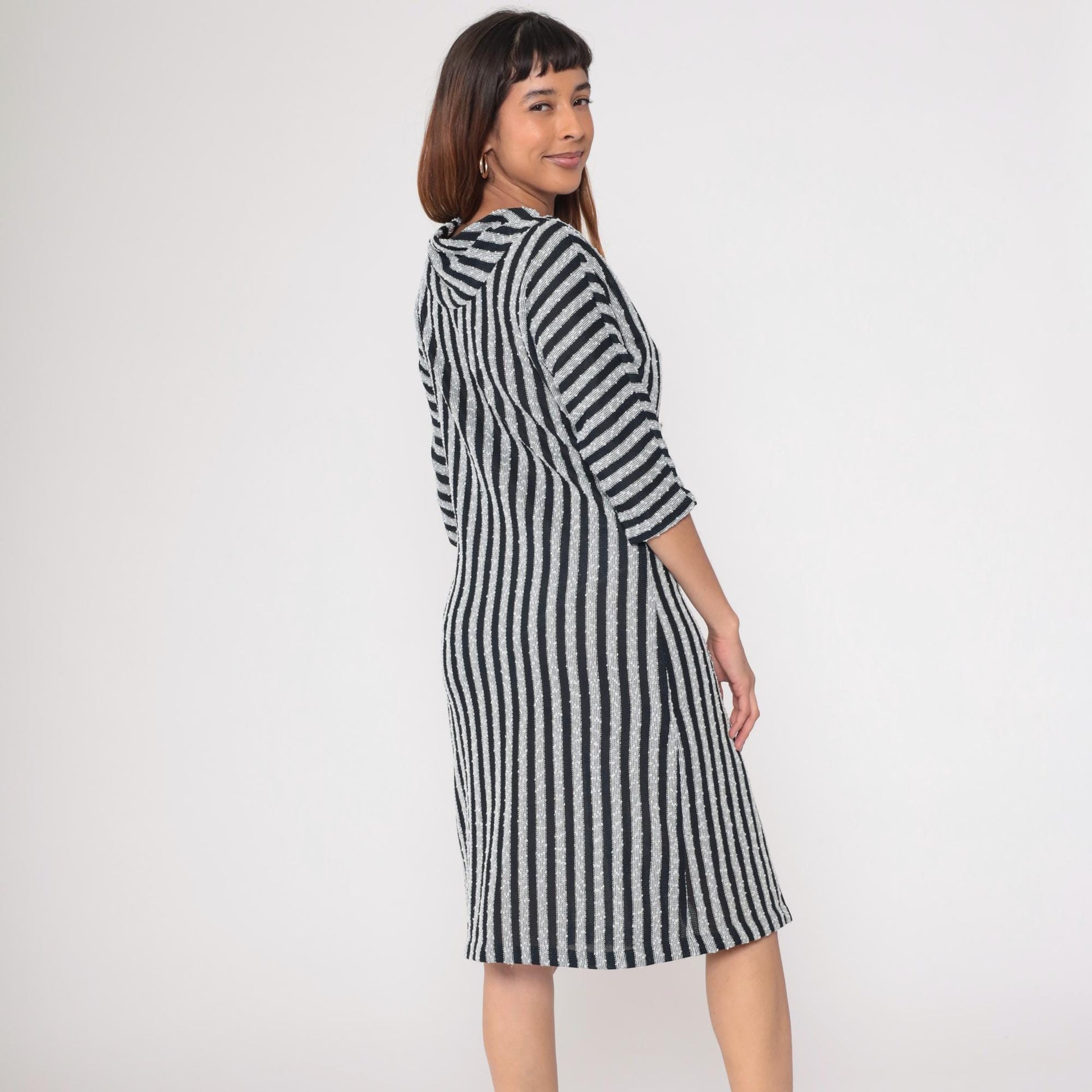 90s Black White Striped Knit Midi Shirtdress Dolman Sleeve V Neck Medium