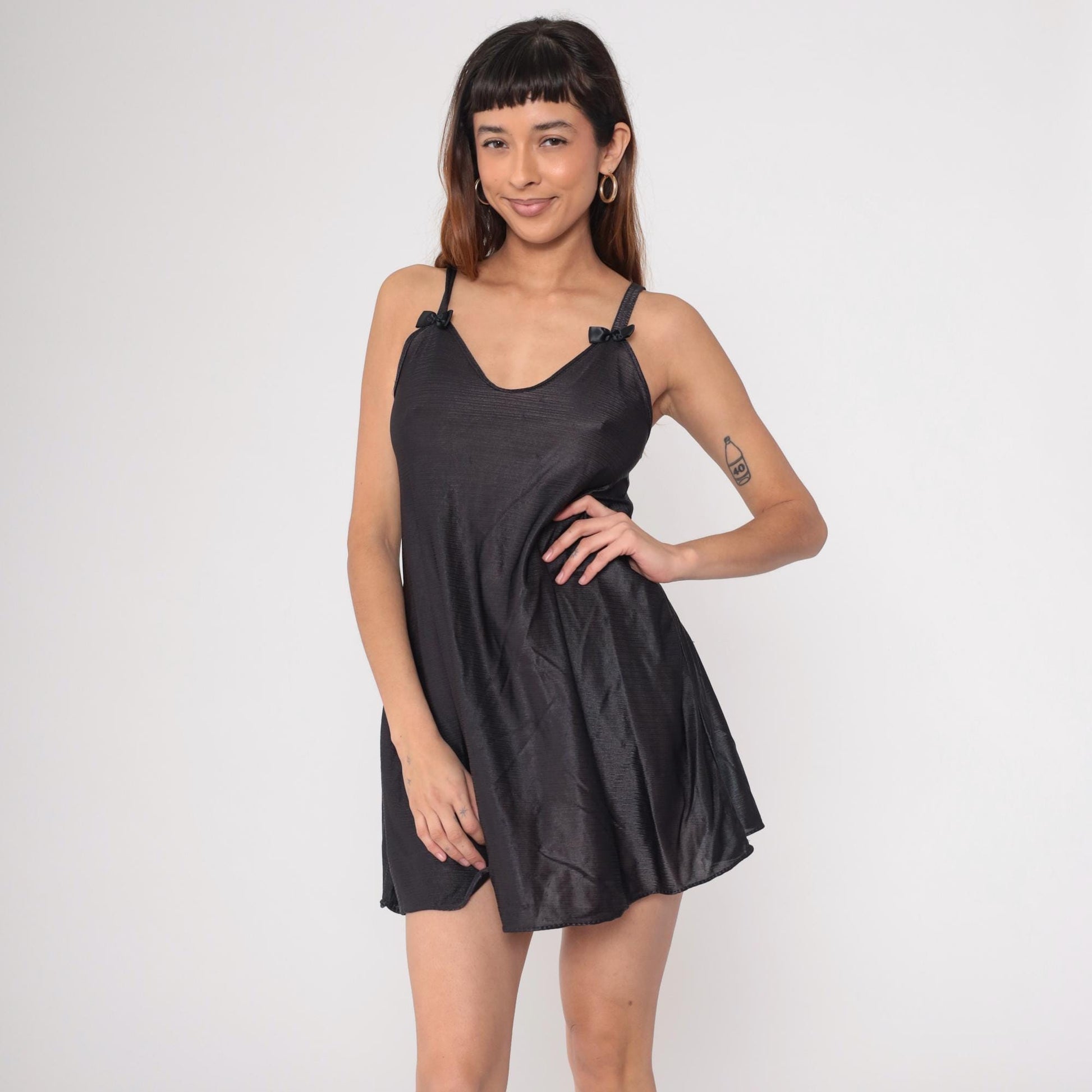 90s Black Slip Dress Spaghetti Strap Bow Mini Nightgown Small