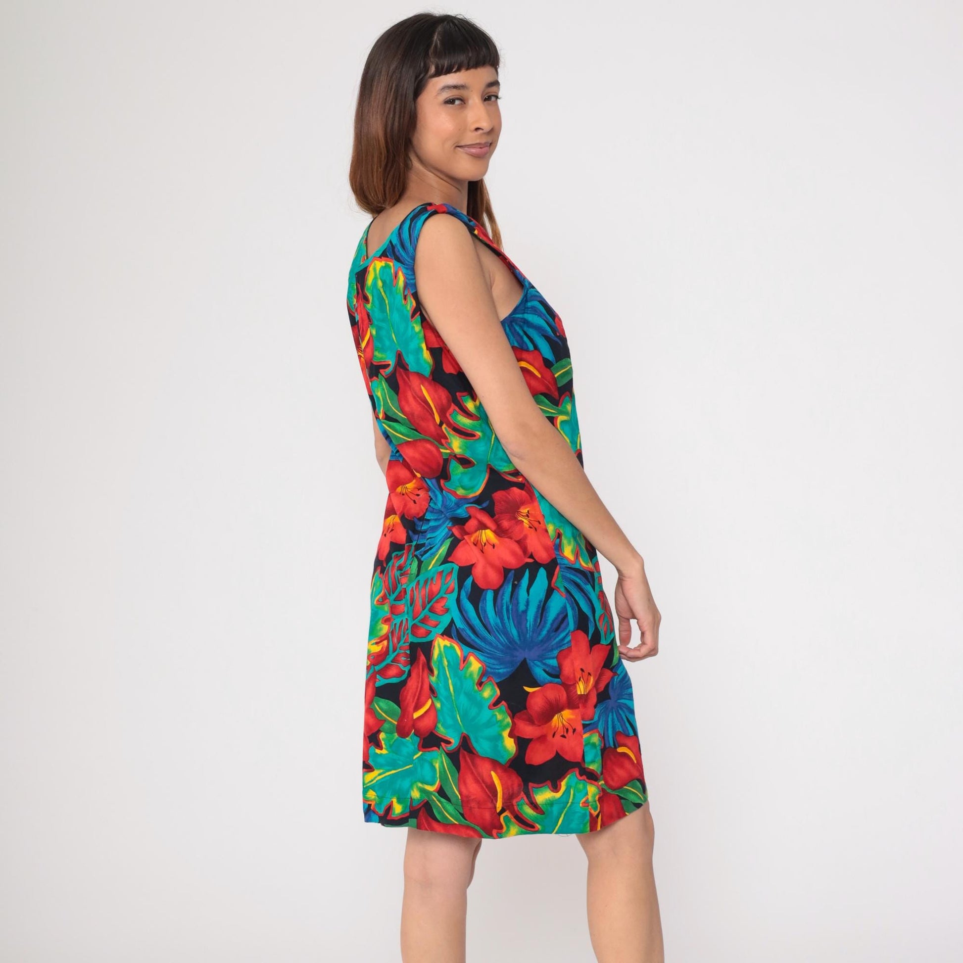 90s Black Tropical Floral Shift Dress Knee Length Sleeveless Large L