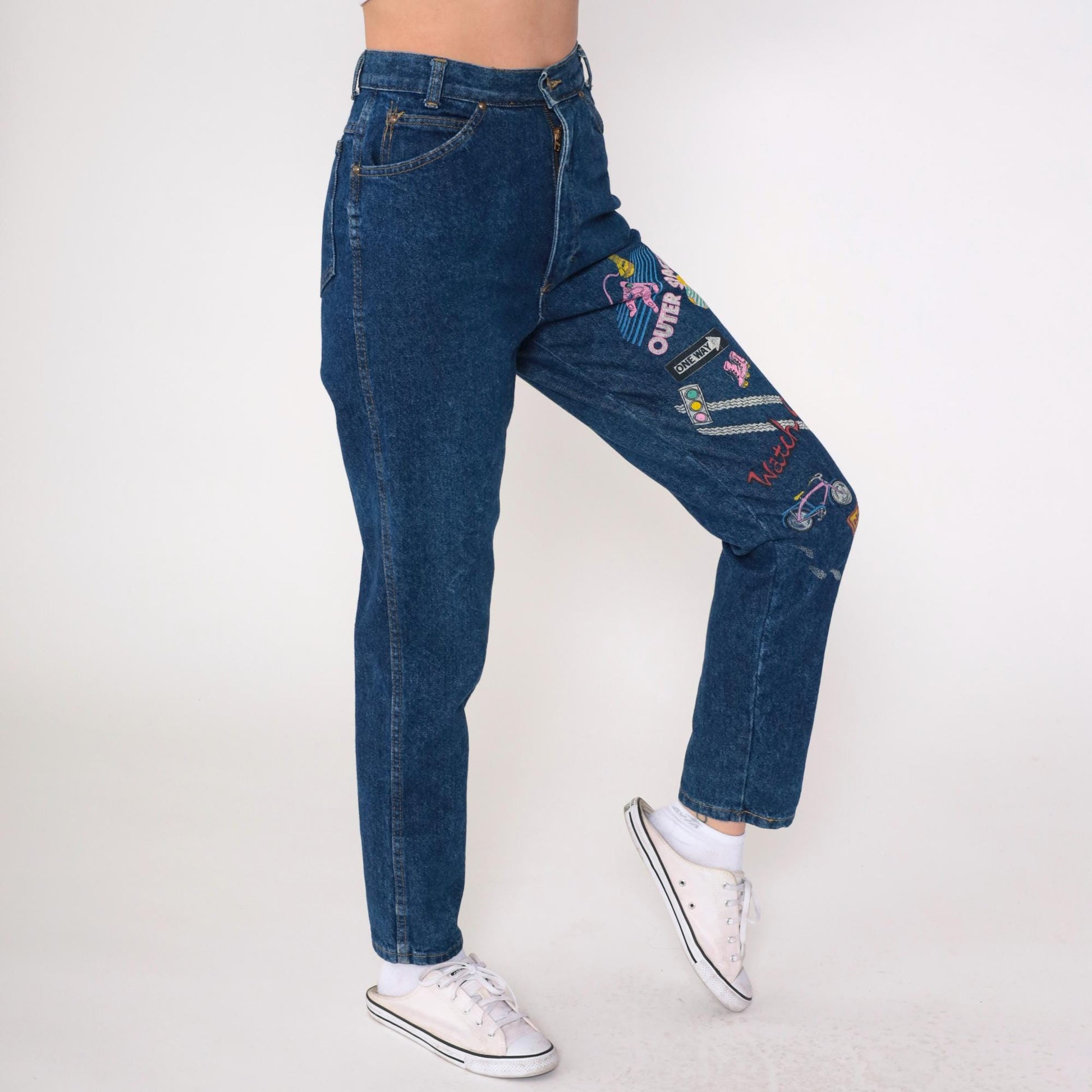 90s Astronaut Roller Skate Graphic High-Waist Jeans Dark Blue Denim Extra Small
