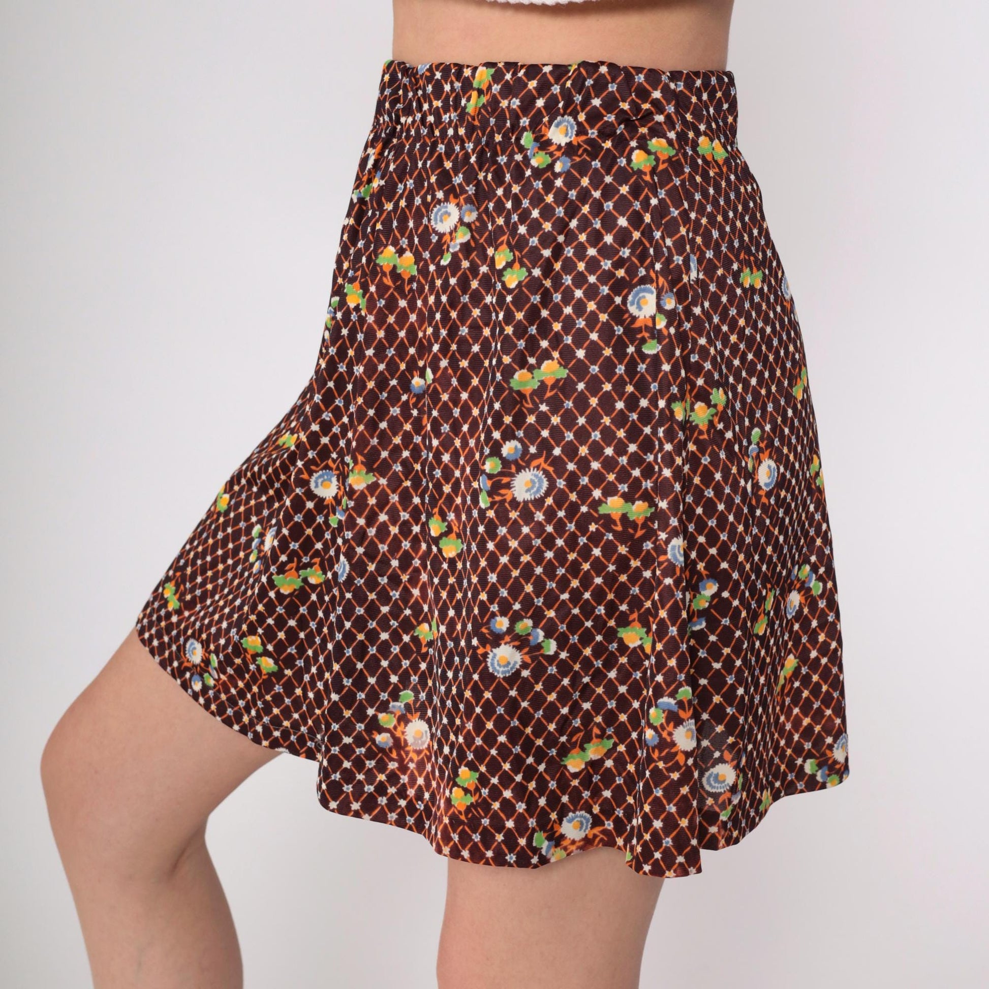 70s Brown Floral Checkered Mini Skirt High Waist A-Line Small