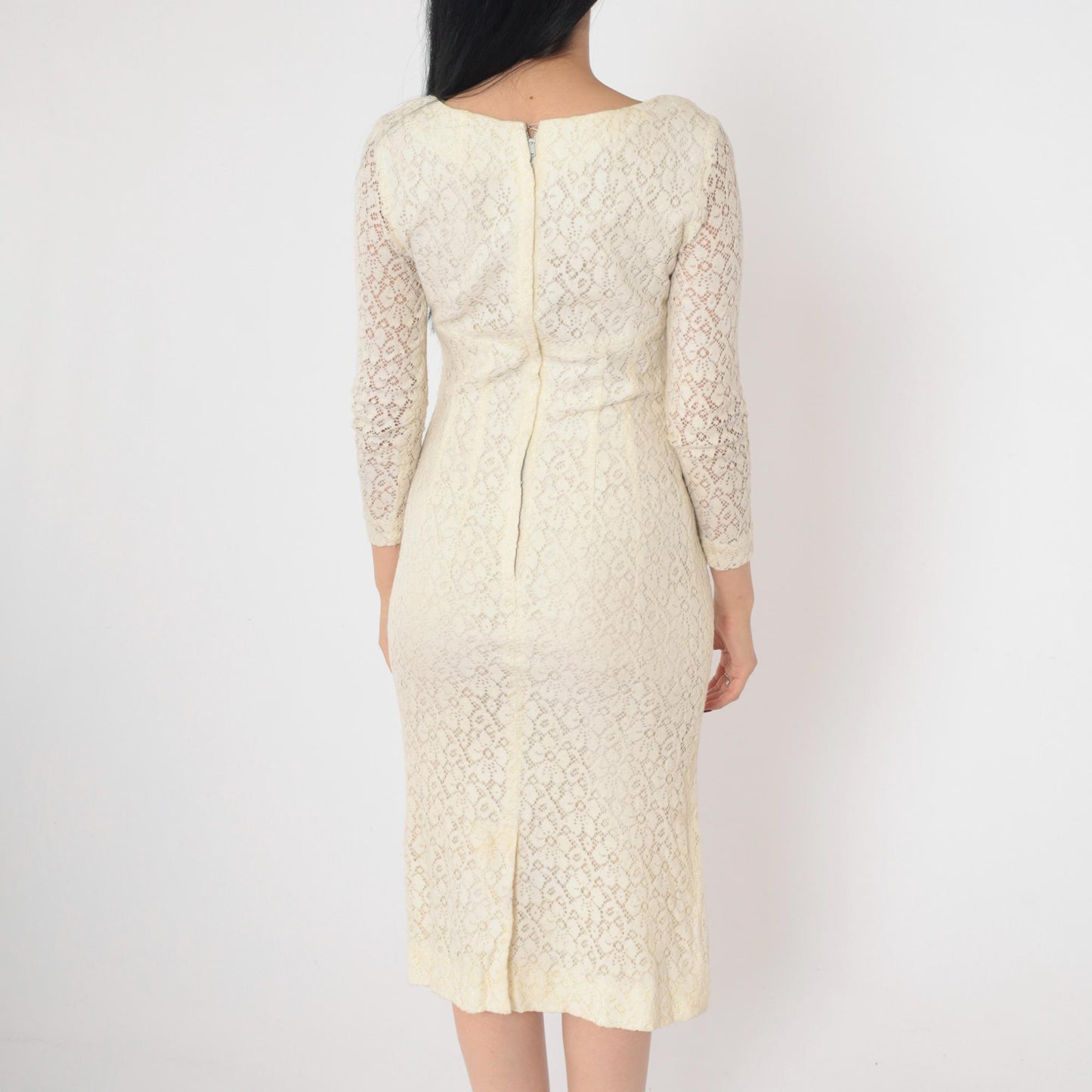 1960s Cream Lace Midi Dress Sheath Sheer Sleeve Cocktail Extra Small