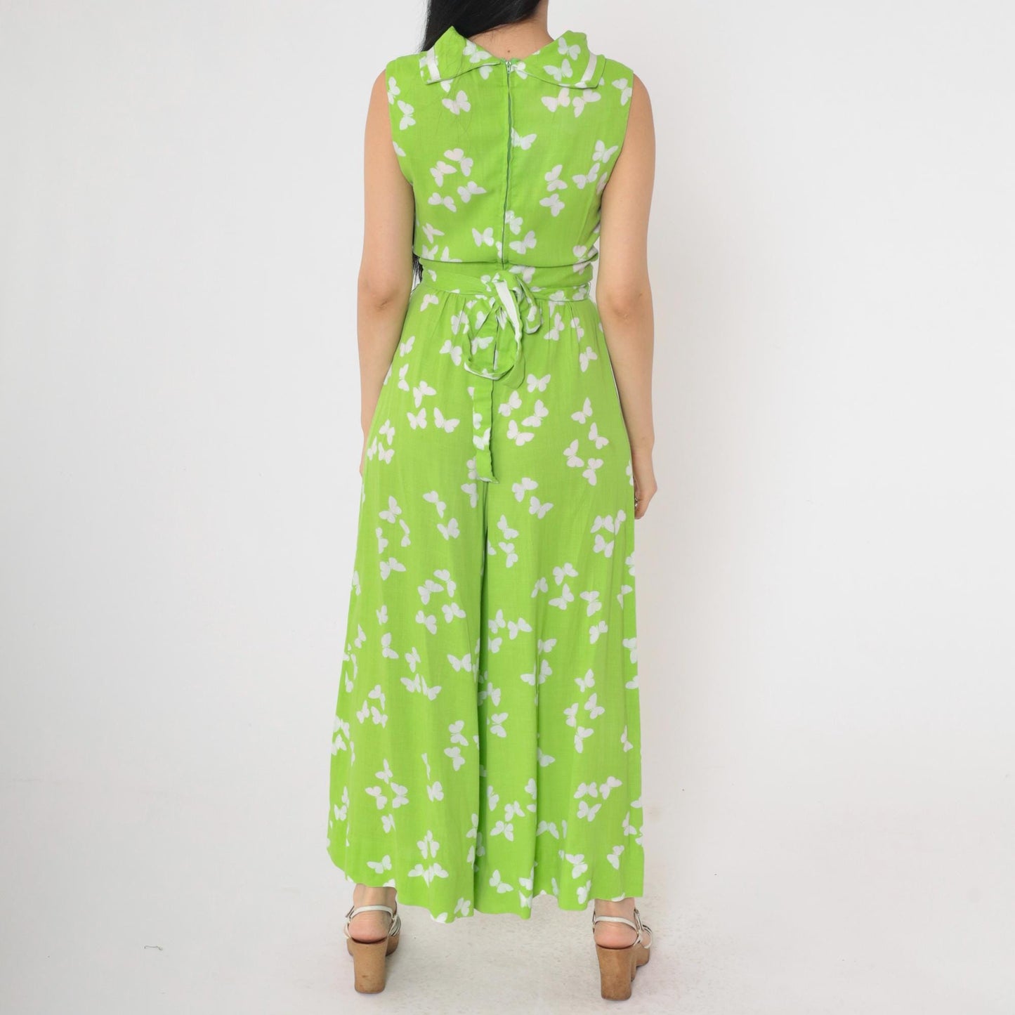 70s Butterfly Jumpsuit Wide Leg Sleeveless Mock Neck Green Small