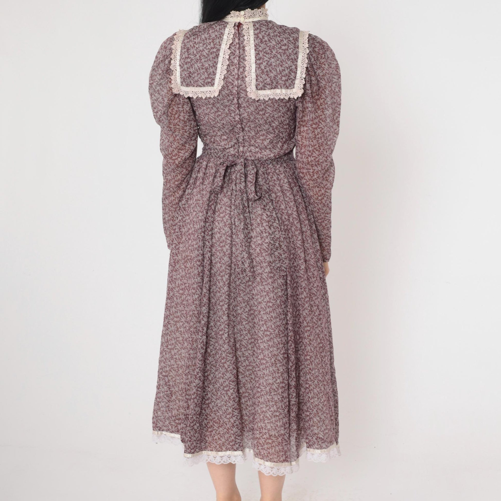 70s Gunne Sax Prairie Midi Dress Brown Floral Calico Lace Bib Puff Sleeve Extra Small