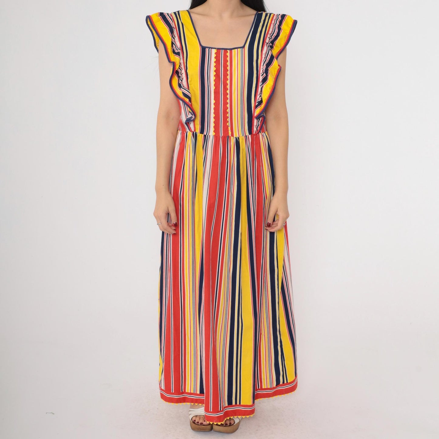 70s Striped Maxi Dress High Waist Ruffled Flutter Sleeve Red Yellow Navy Small Medium