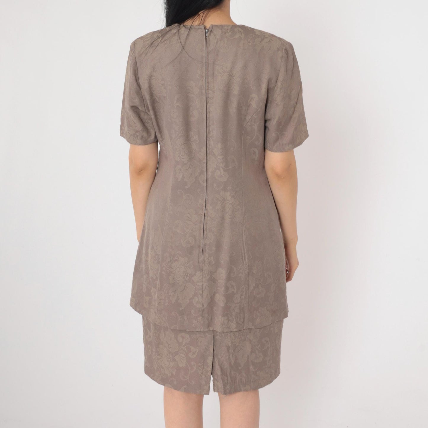 90s Brown Floral Soutache Sheath Dress Short Sleeve Knee-Length Small