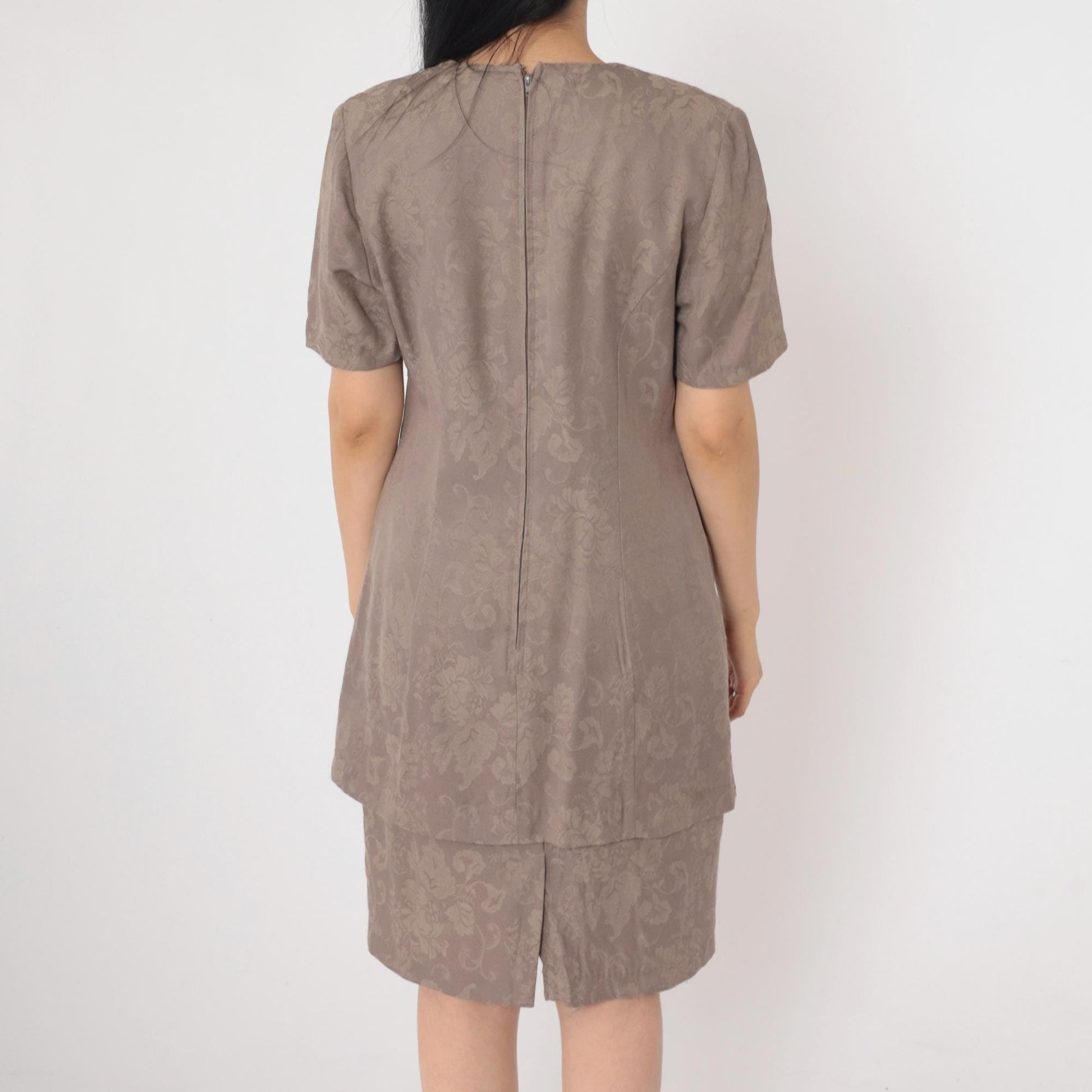 90s Brown Floral Soutache Sheath Dress Short Sleeve Knee-Length Small