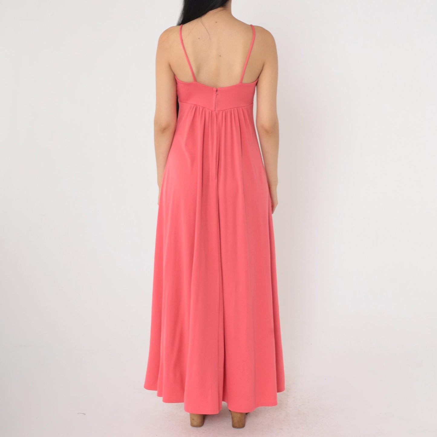 70s Coral Pink Grecian Maxi Dress Empire Waist Floral Lace Spaghetti Strap Extra Small