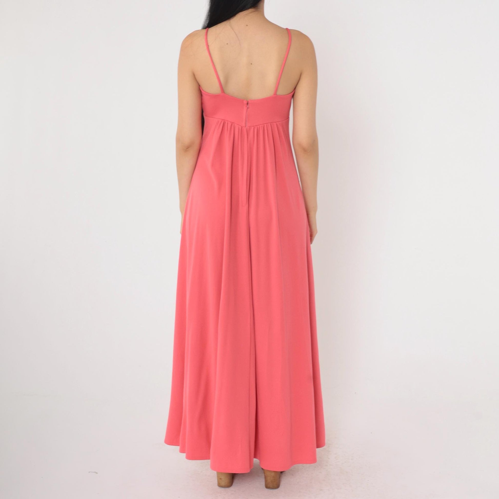 70s Coral Pink Grecian Maxi Dress Empire Waist Floral Lace Spaghetti Strap Extra Small
