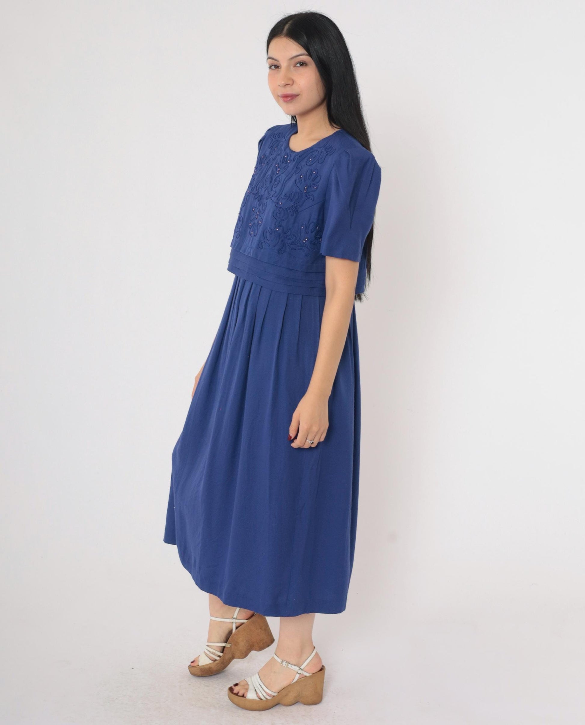 90s Karin Stevens Indigo Beaded Midi Dress Puff Sleeve High Waist Medium