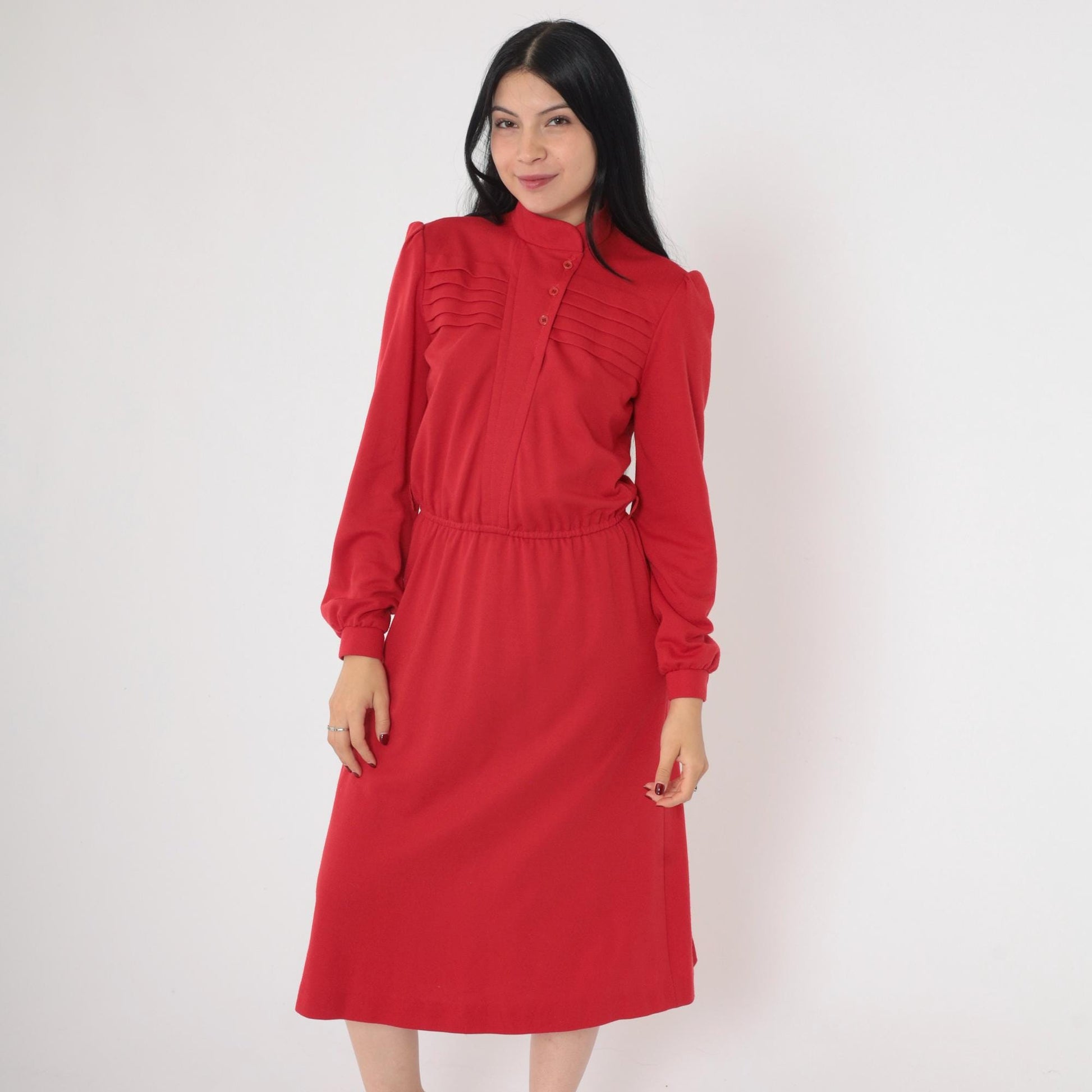 80s Red Button-Up Midi Dress High Neck Puff Sleeve Pleated Small