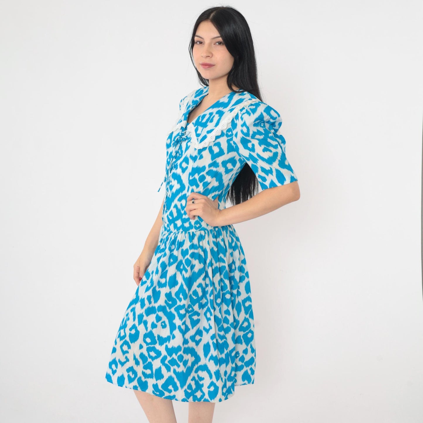 80s Blue Leopard Print Fit and Flare Midi Dress Sailor Collar Puff Sleeve Medium