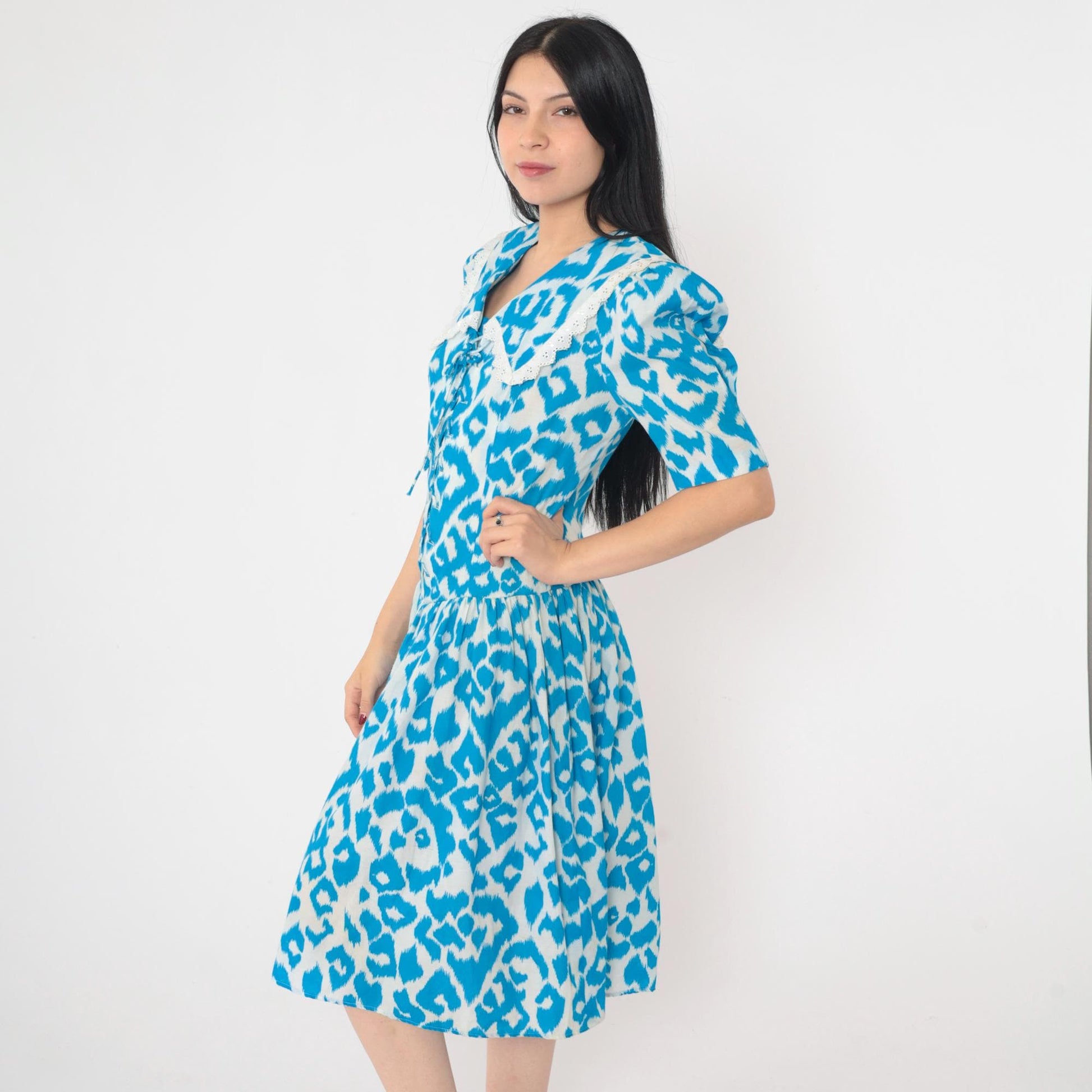 80s Blue Leopard Print Fit and Flare Midi Dress Sailor Collar Puff Sleeve Medium