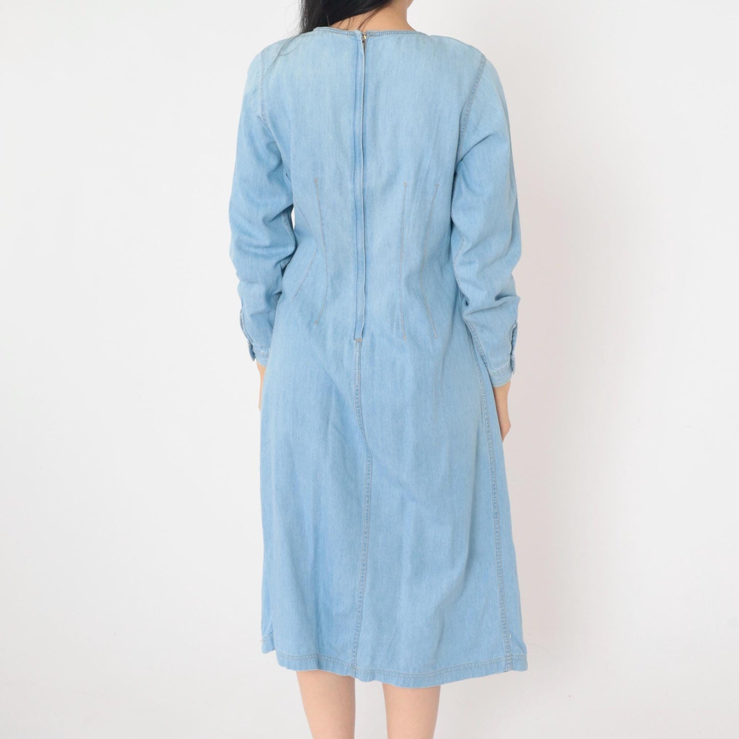 90s Lizwear Floral Embroidered Denim Midi Dress High Waist Pleated Small