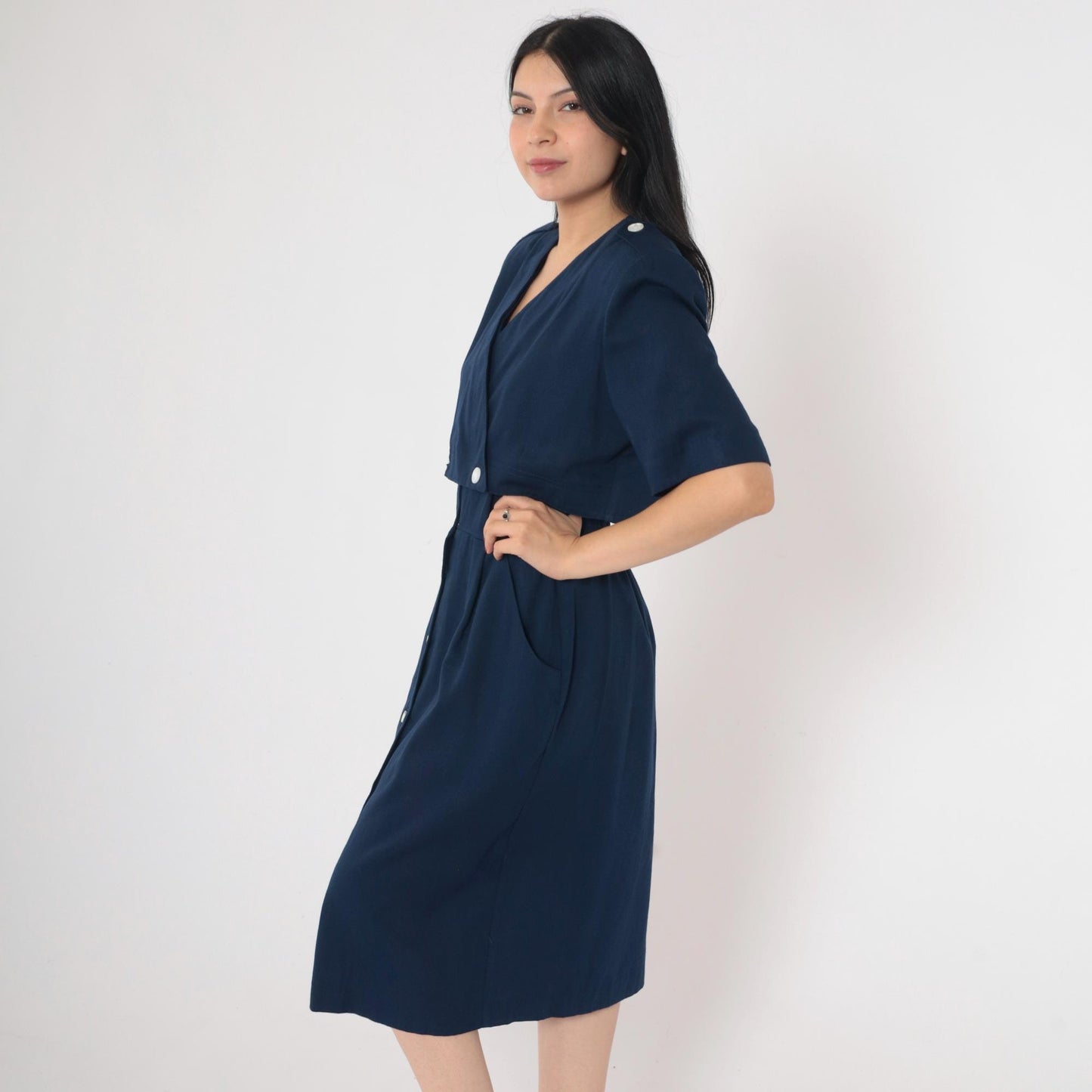 90s Navy Midi Shirt Dress High Waist Epaulette Button Up Medium