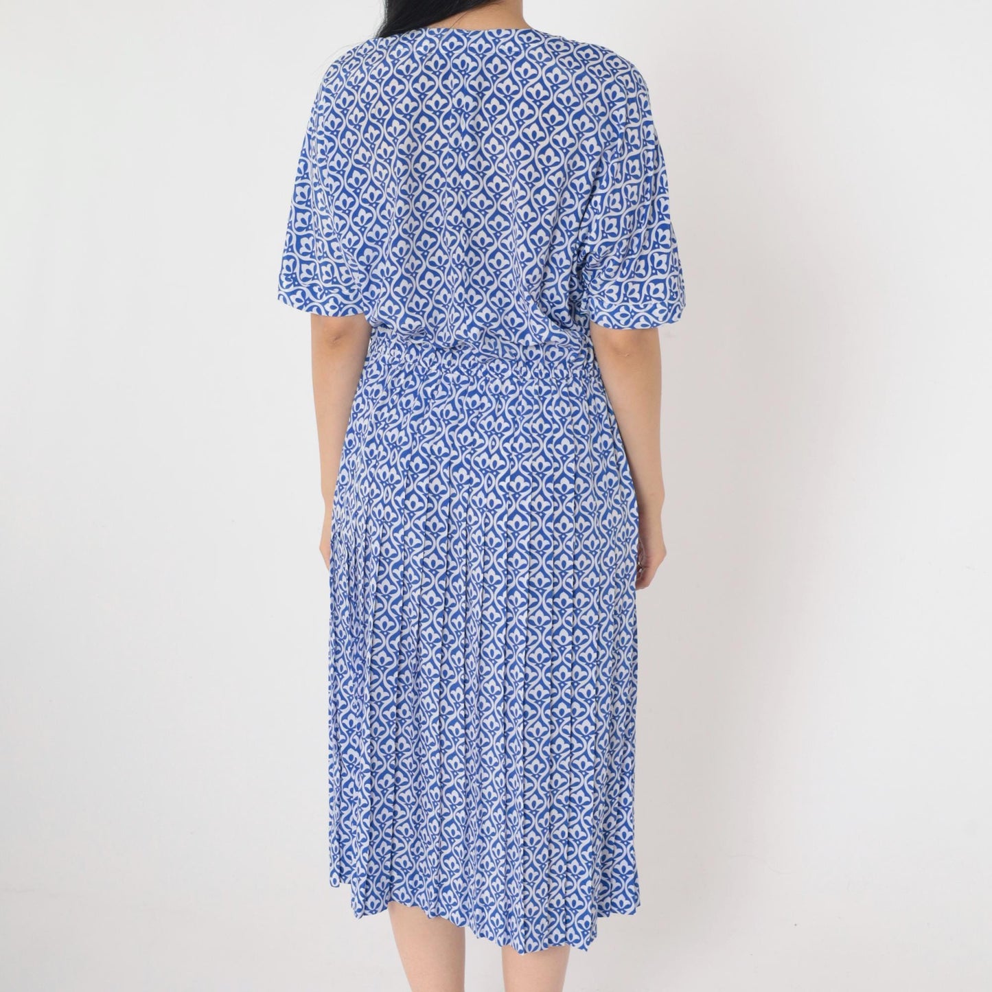 90s Talbots Petites Button-Up Shirtdress Blue Geometric Pleated Midi Small