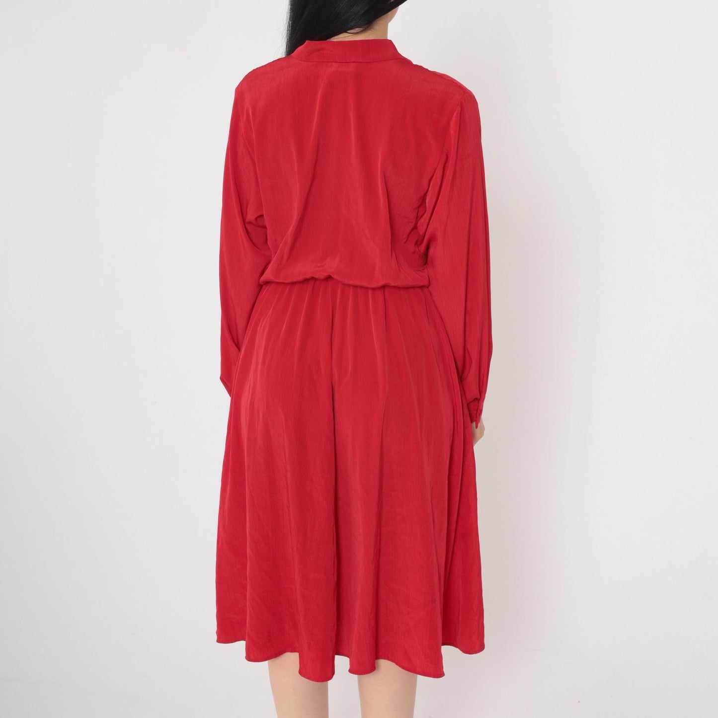90s Red Wrap Midi Dress Deep V Neck High Waist Long Sleeve Medium