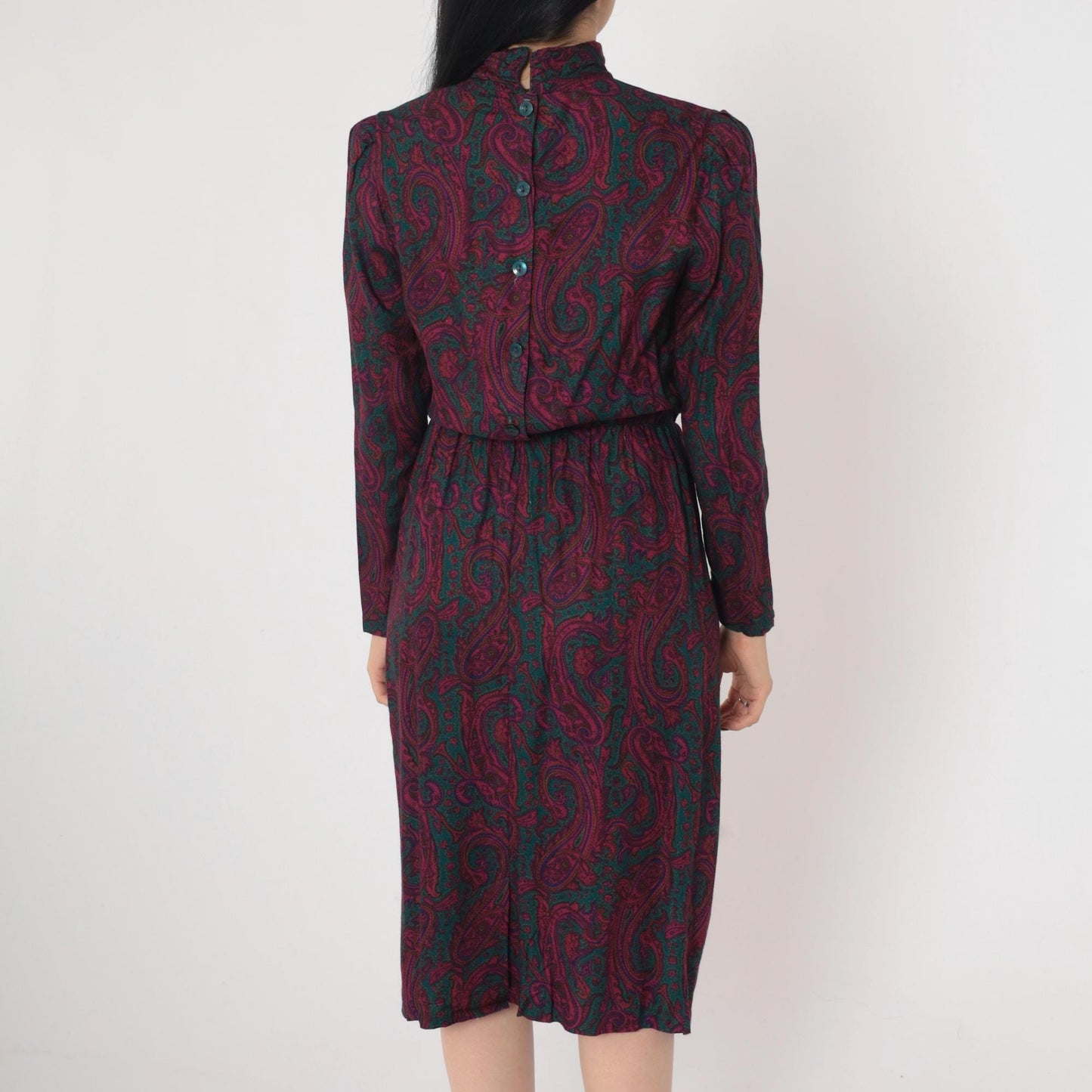 80s Paisley Midi Dress Mock Neck Puff Sleeve Pleated High Waist Small 6