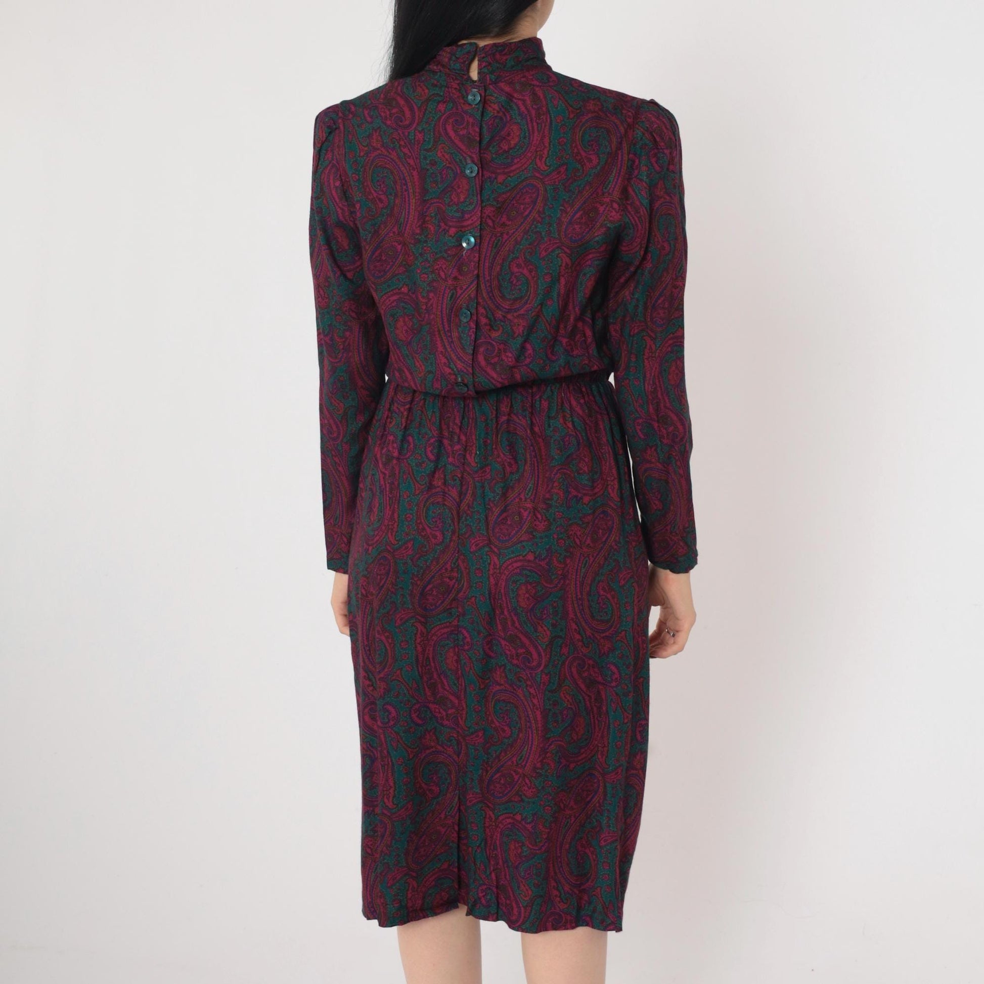80s Paisley Midi Dress Mock Neck Puff Sleeve Pleated High Waist Small 6