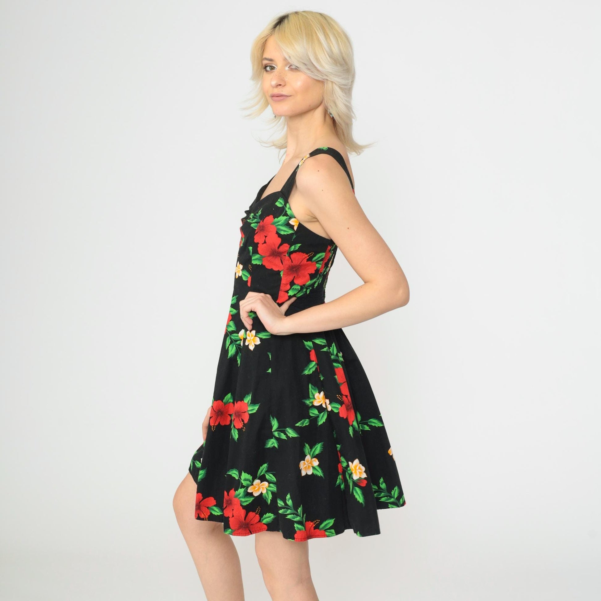 90s Hawaiian Floral Mini Dress Black Sweetheart Smocked Sundress Small S